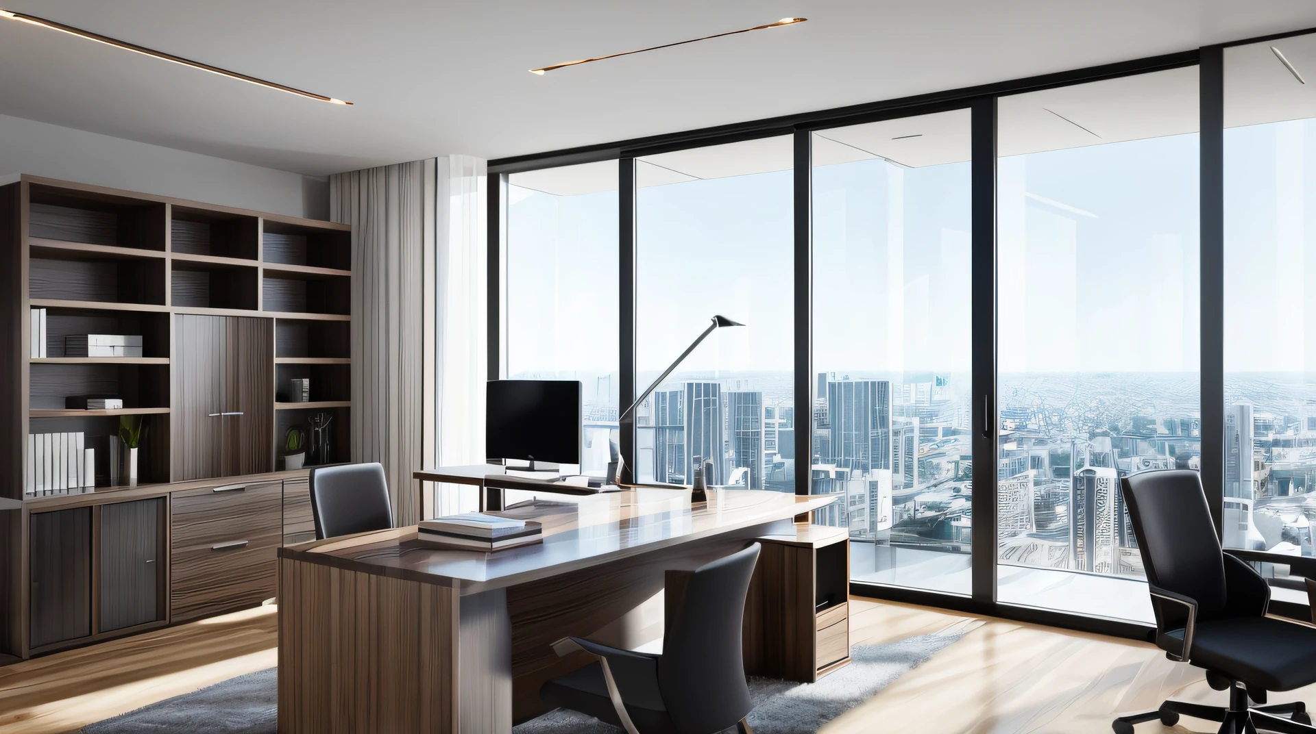 there is a desk with a computer and a chair in a room, minimalist home office, luxury condo interior, home office interior, office room interior, professional render, city apartment, rendered in unreal engine 6, realistic physical rendering, vray 8k render, architectural 3 d render, rendered in v-ray, rendered in 8 k unreal engine, archviz