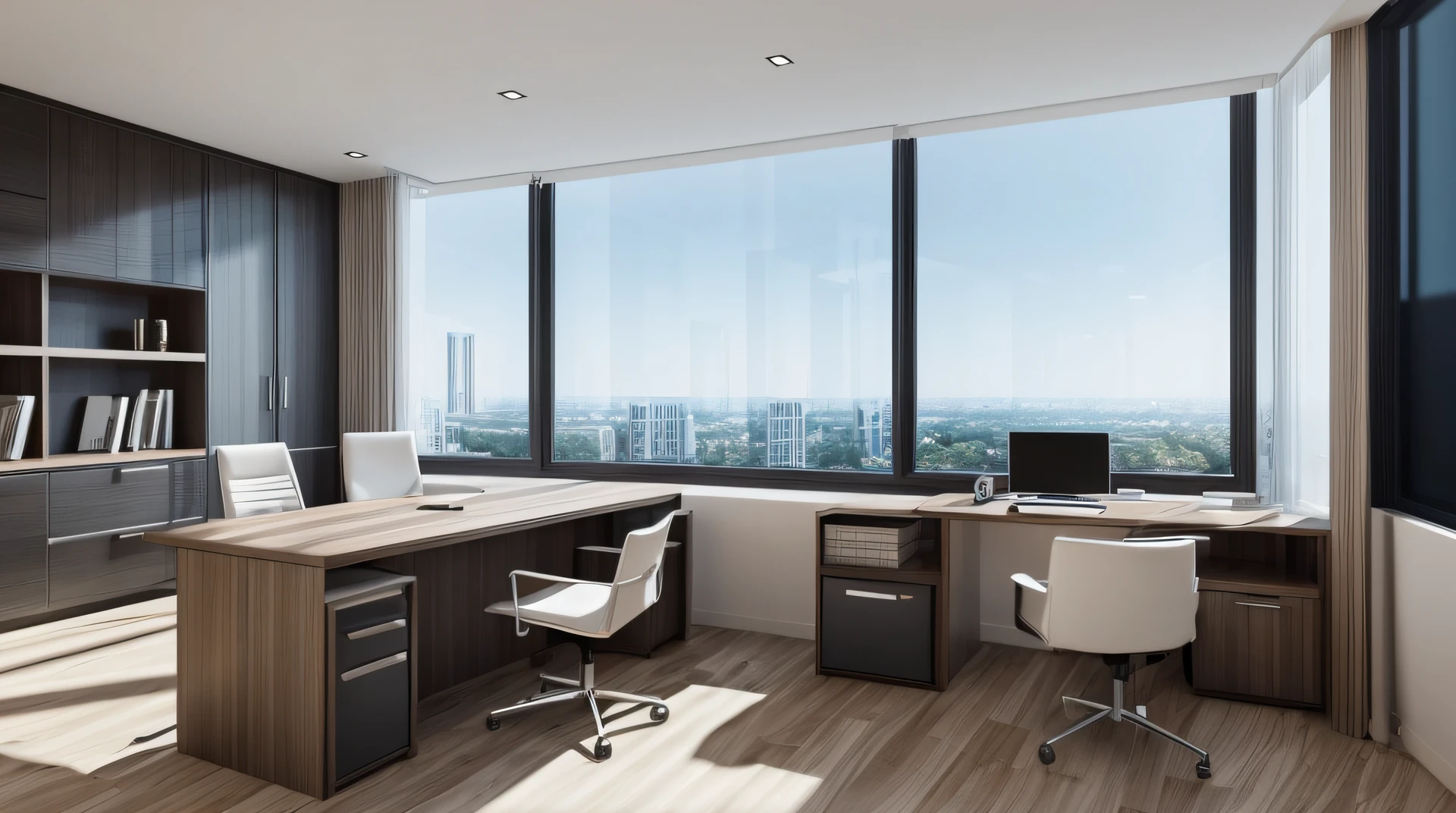 there is a desk with a computer and a chair in a room, minimalist home office, luxury condo interior, home office interior, office room interior, professional render, city apartment, rendered in unreal engine 6, realistic physical rendering, vray 8k render, architectural 3 d render, rendered in v-ray, rendered in 8 k unreal engine, archviz