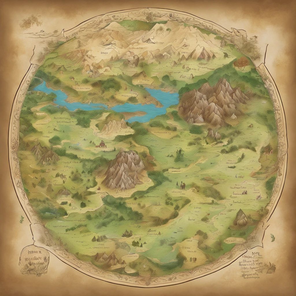 Carte du monde、Map of the other world、Carte du Royaume、Prehistoric Adventures、Montagnes et villages、K HD |、meticulous、flat drawing、vue du dessus,