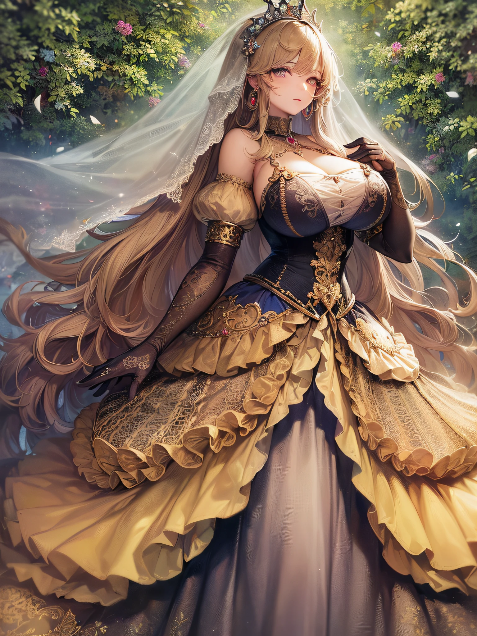 ((anime artstyle)),(Masterpiece),(Best Quality), (Super Detail),((Very Delicate and Beautiful)),cinematic lighting,1 girl,((full body portrait)),((standing in garden)),((solo)),(((1 fairytale princess in gorgeous embroidery and jeweled extremely gorgeous rococo princess ballgown with voluminous full length hoop skirt))),an hourglass waist,padded and corseted bodice,(((huge crinoline hoopskirt))),long train,((gorgeous embroidery and jeweled)),voluminous frills,See-through,(((extremely gigantic tits,skindentation))),cleavage,((absurdly Long Straight Hair,extremely voluminous Straight long Hair,absurdly Long Straight Hair)),(finely detailed face and eyes),clear pupil,extremely gorgeousfull hair ornament,(bling-bling jeweled extremely gorgeousfull tiara),((bling-bling gorgeous gemstone jewelry)),gorgeous long veil,((ultra long gloves)),(beautiful background),(full body),((gorgeous embroidery and jeweled extremely gorgeous rococo princess ballgown with voluminous full length hoop skirt))