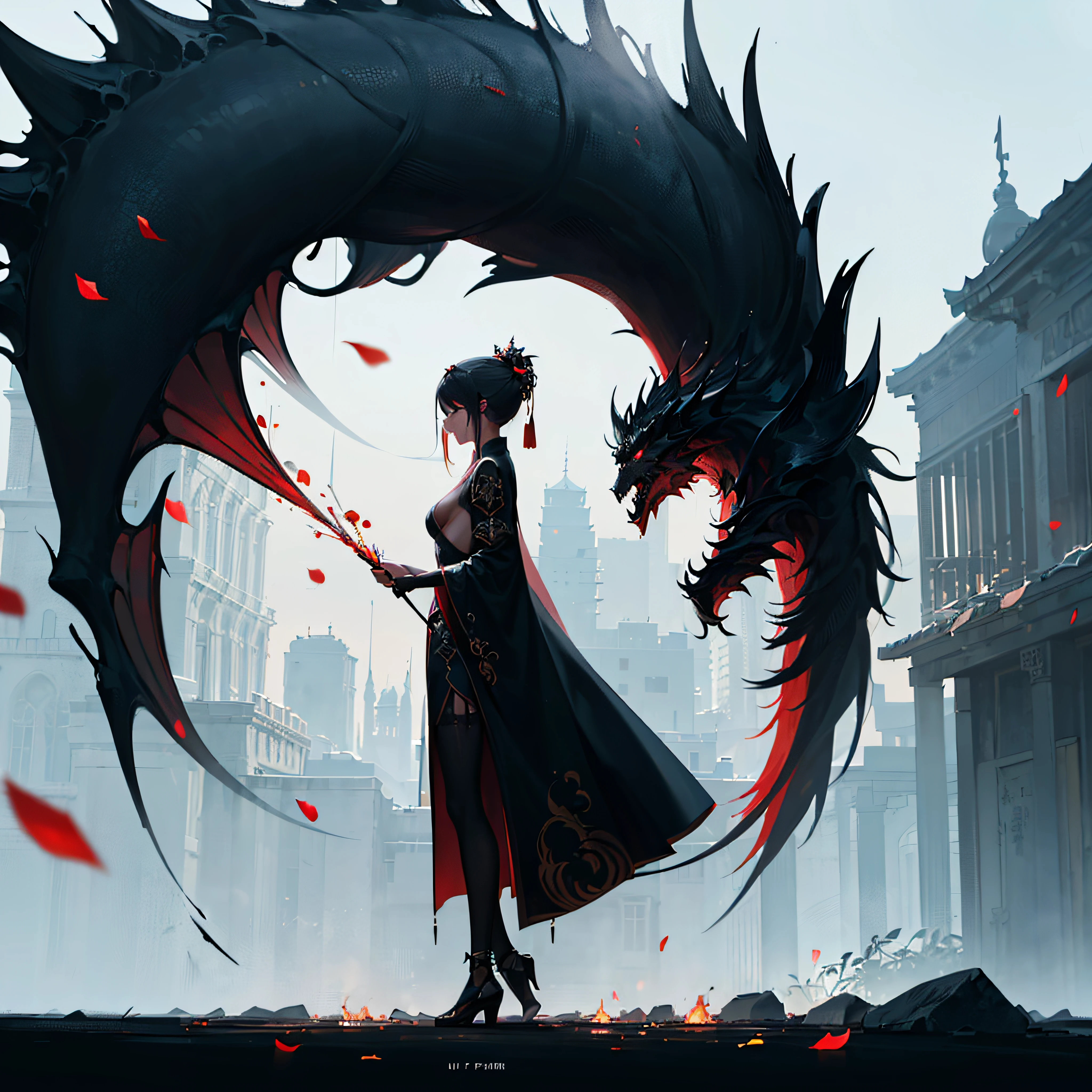 (Divine Beast), Nine-Tailed Demon Fox, Dynamic Body Type, (Chinese monster), Handsome, splashed ink, Chinese, 1girl in, ((Full body), ((2.5D)), Floating hair, Beautiful eyes, Delicate eyes, Delicate silhouette, Fantasy Art, (Black and Red Antique Brocade Humph), FOV, (masutepiece), Frontal shot, side portrait, White background, (Cinematic poster), sharp, Splash, cloud, flower petals, empty, skyporn, (wide-angle lens), Vista --auto