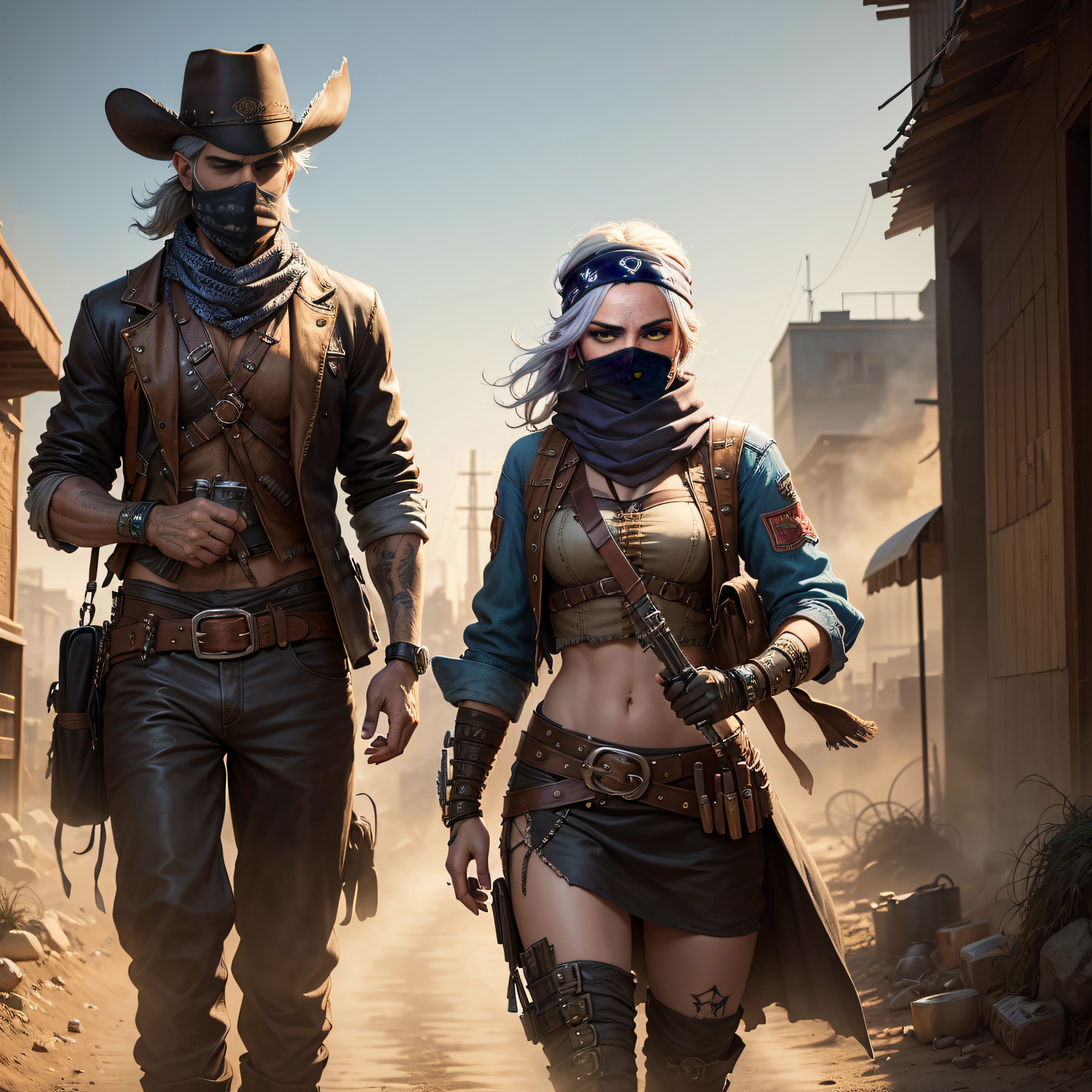 Man with bandit bandana and woman with bandit bandana on face,Coming out of the smokescreen of the city streets,Wild west,Villain,Smoke,Dust,The artwork,。.3D,4K,Detailed,Realistic --auto