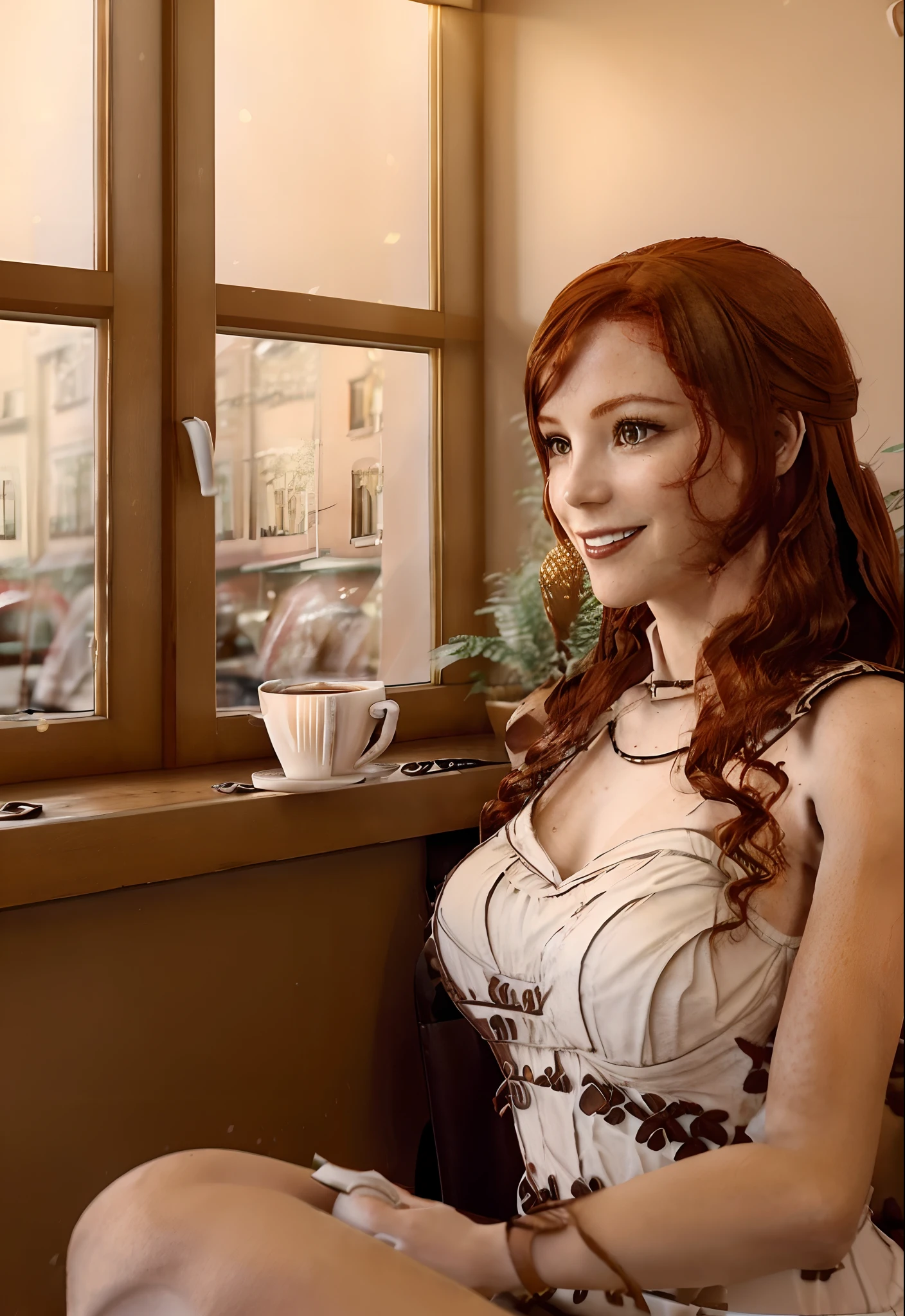 ((redhead woman:1.2)), ((Brown eyes:1.1)), ((Polish Ethnicity:1.1)), Enjoy a cup of coffee in a relaxed atmosphere:1.4), Sitting in a vintage café:1.3), Relaxed atmosphere:1.2), ((Sipping Coffee:1.5)), Classic Interior Design:1.3), Comfortable chairs:1.1), Sun light, flowing through the windows:1.2), Elegant and timeless atmosphere:1.3), delicate detail:1.2), ((thin smile:1.4)), (natural beauty:1.2), (Feminine charm:1.1), Warm color tones:1.1), (soft focus:1.2), (Realistic lighting:1.3), (Coffee cup in hand:1.4), (muffled background chatter:1.1), (Thoughtful details:1.2), (A nostalgic feeling:1.3), (Cosy and cosy:1.2).
