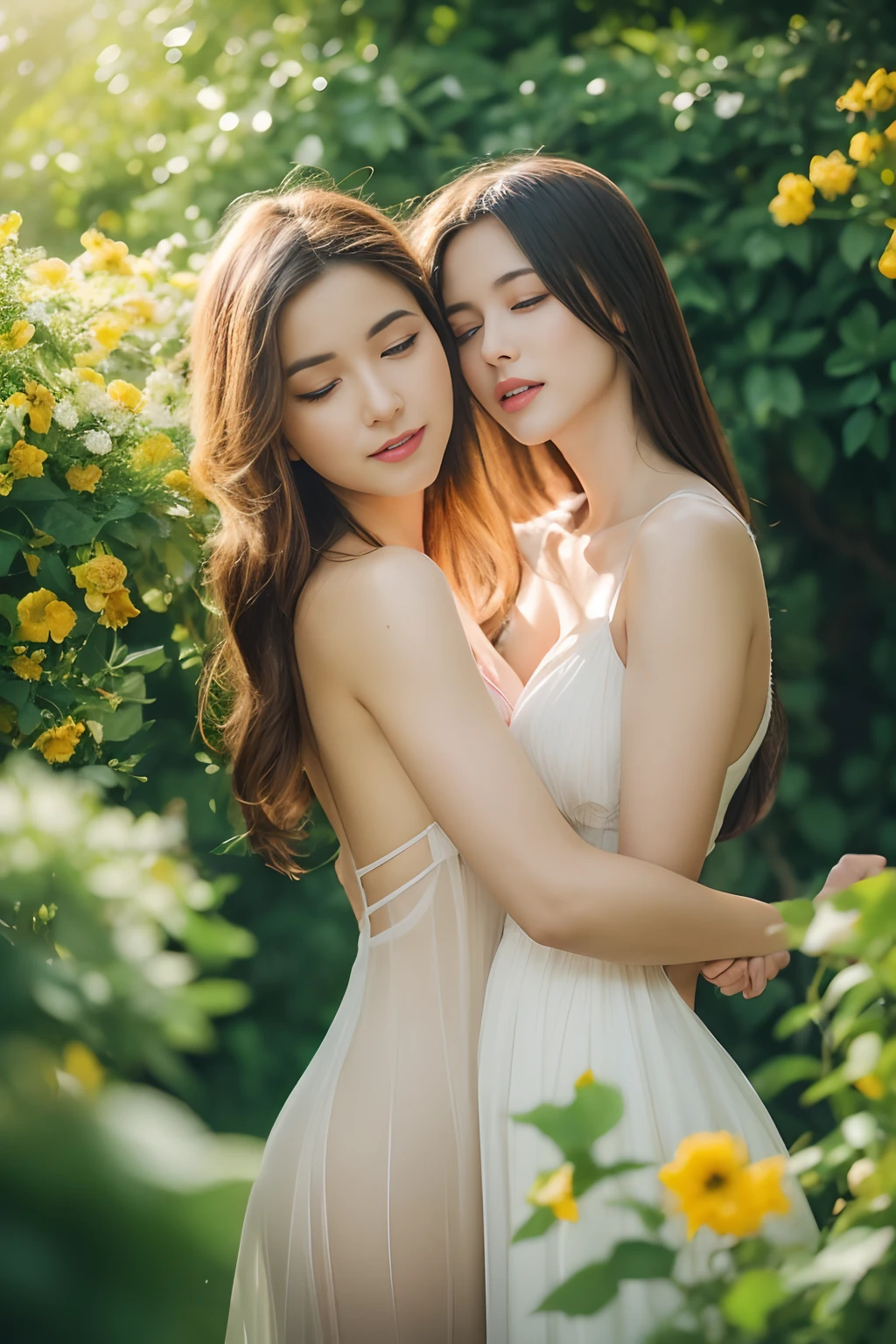 Best Quality,4K,8K,hight resolution,masutepiece:1.2,Ultra-detailed,Realistic:1.37,Garden girl,Beautiful detailed eyes,Beautiful detailed lips,sexual look,sexual hands,sexual body,sexual wet lips,extremely detailed eye and face,longeyelashes,2girls,Illustration,Soft lighting,natural scenery,Vibrant colors,Summer,Sheer Dresses,Refreshing atmosphere,(sexual dynamic pose:1.47),(full body wide shot:1.4),Blowing flowers,Fragrant roses,warm sunlight,Happiness,erotic,Serene,Ethereal,Impressionist painting,Subtle brush strokes,splash of color,peaceful ambiance,rich greenery,Golden Hour Lighting,sluty look,Delicate features,gentle wind,morning dew,jolly,Relaxation