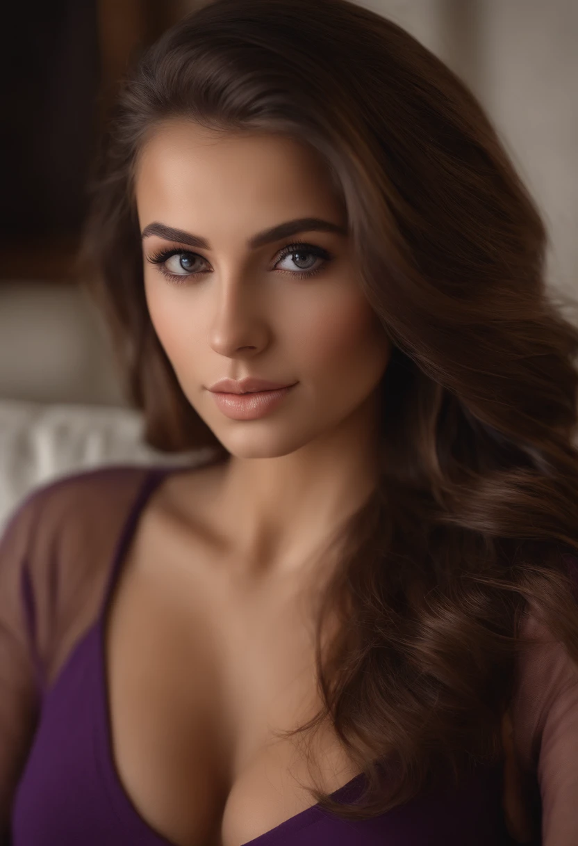 arafed woman fully , sexy girl with brown eyes, ultra realistic, meticulously detailed, brown hair and large eyes, selfie of a young woman, in sofa, violet myers, without makeup, natural makeup, looking directly at the camera, face with artgram, subtle makeup, medium to large size bust breasts out, bussines outfit