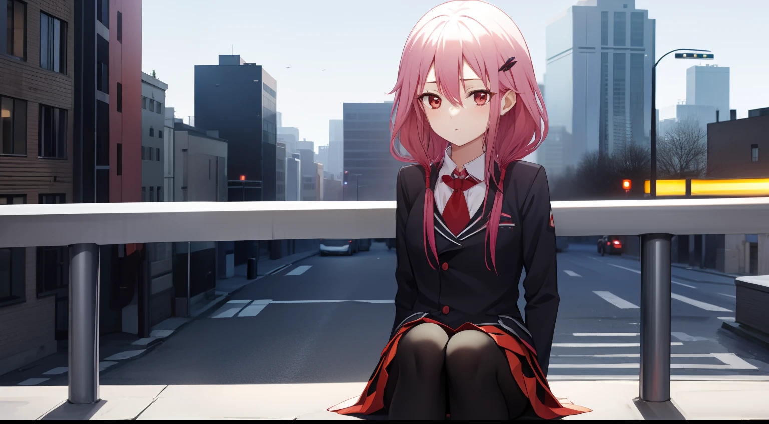 hair between eye, hair adornments, hair pin, Long hair, Low Twin Tails, Pink hair, (Red eyes:1.2), side locks, double tails,Black school uniform,Black stockings,urban backdrop,sitted,full bodyesbian