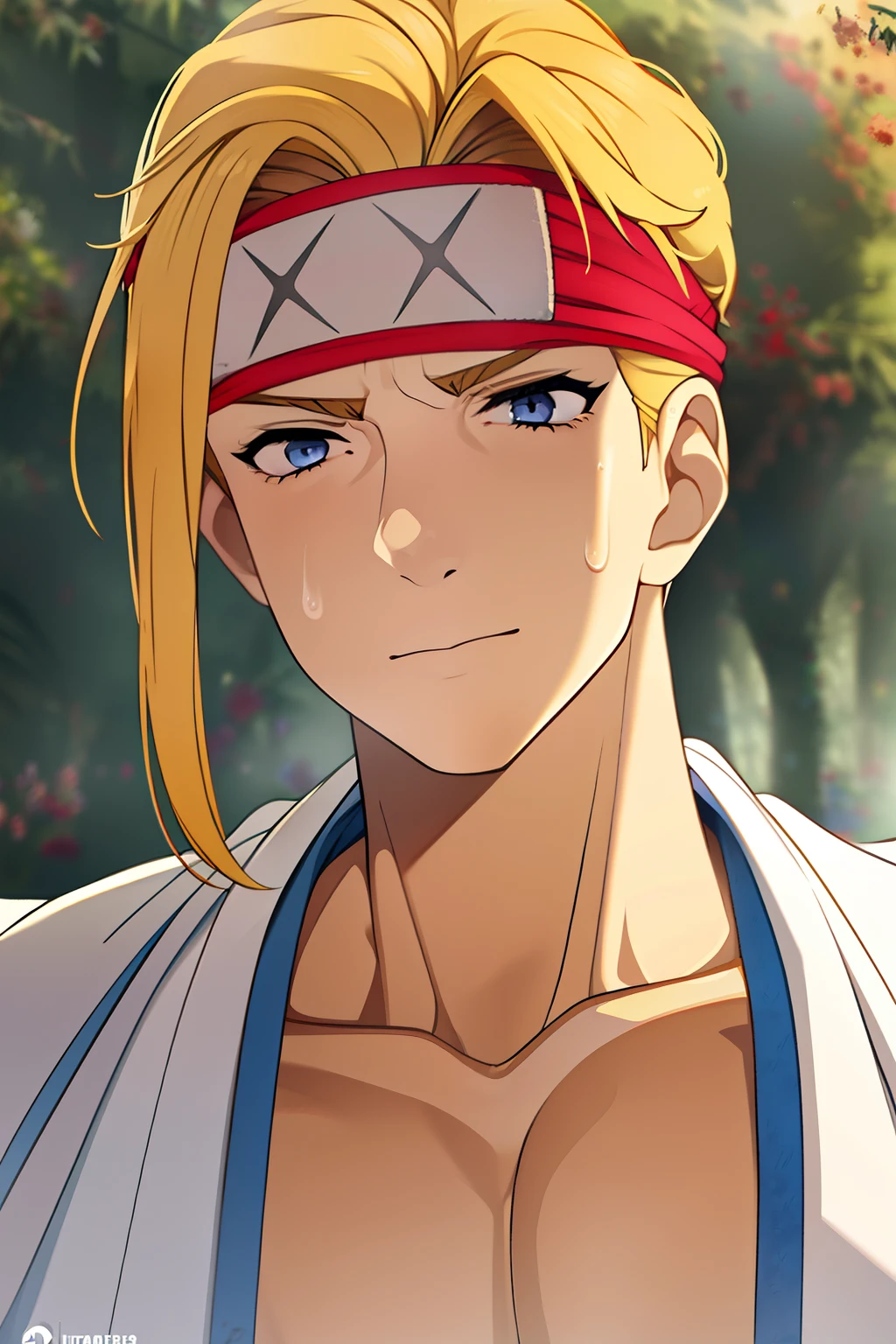 masterpiece, best quality, high quality, 1boy, solo, male focus, looking at viewer, upper body, tenza_yamada_asaemon, blonde hair, blue eyes, headband, , track suit