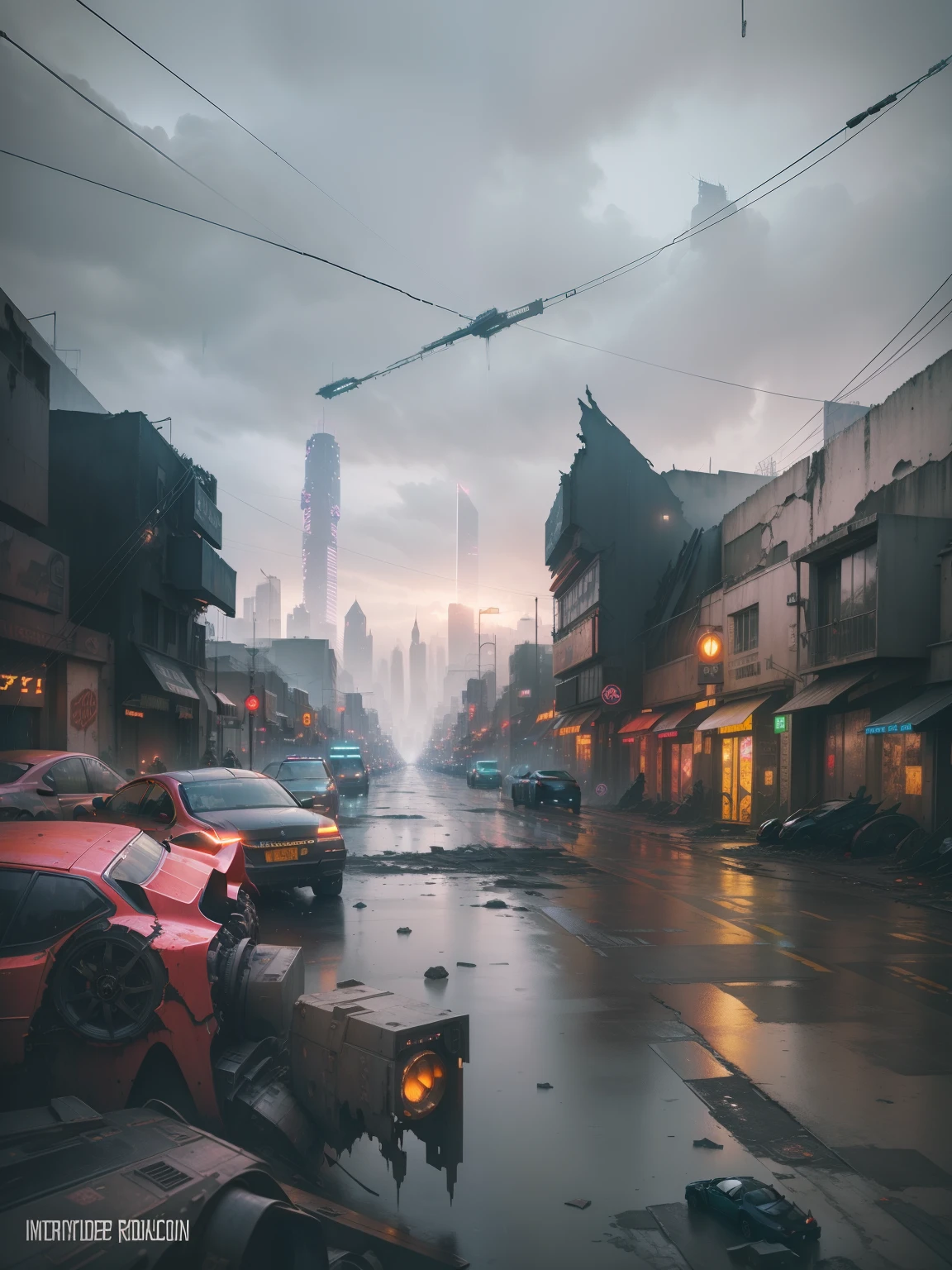 dark city, ruined city, futuristic city, cyberpunk city, raining, night, masterpiece, high quality, best quality, darkblue, tall buildings, modern cars, messy architecture, from above, darker, scarier, less traffic light, messy, ruined,