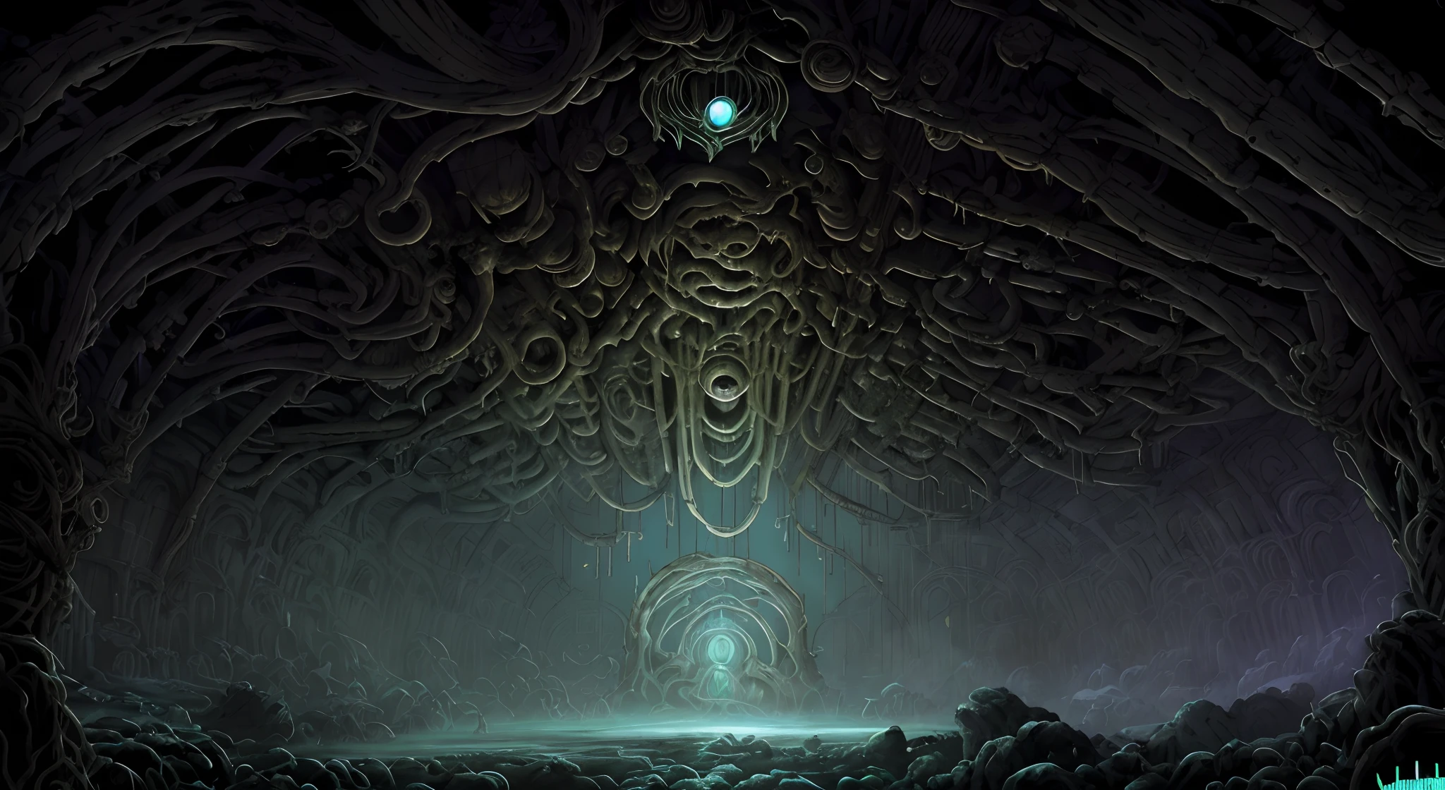 caverna, backgroung, Jogo 2D, plataforma,Cavaleiro Oco, Lovecraft, Giger RH ( ( ( ( ( Dan Mumford, ) ) ) ) ), ancient biomechanical temple, Dan Mumford. arte conceitual, arte sci-fi detalhada, cyber sanctuary, arte detalhada da capa, alien temple, Sem estilo Giger RH, Nenhum estilo de h r giger