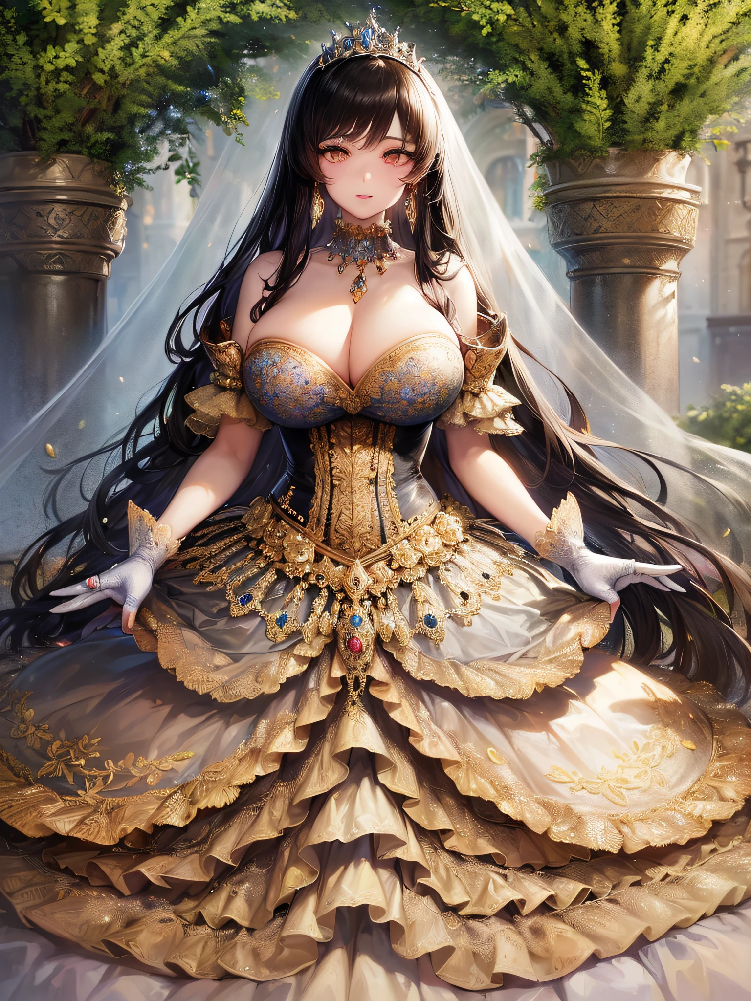 ((anime artstyle)),(Masterpiece),(Best Quality), (Super Detail),((Very Delicate and Beautiful)),cinematic lighting,1 girl,((full body portrait)),((standing in garden)),((solo)),(((1 fairytale princess in gorgeous embroidery and jeweled extremely gorgeous rococo princess ballgown with voluminous full length hoop skirt))),an hourglass waist,padded and corseted bodice,(((huge crinoline hoopskirt))),long train,((gorgeous embroidery and jeweled)),voluminous frills,See-through,(((extremely gigantic tits,skindentation))),cleavage,((absurdly Long Straight Hair,extremely voluminous Straight long Hair,absurdly Long Straight Hair)),(finely detailed face and eyes),clear pupil,extremely gorgeousfull hair ornament,(bling-bling jeweled extremely gorgeousfull tiara),((bling-bling gorgeous gemstone jewelry)),gorgeous long veil,((ultra long gloves)),(beautiful background),(full body),((gorgeous embroidery and jeweled extremely gorgeous rococo princess ballgown with voluminous full length hoop skirt))