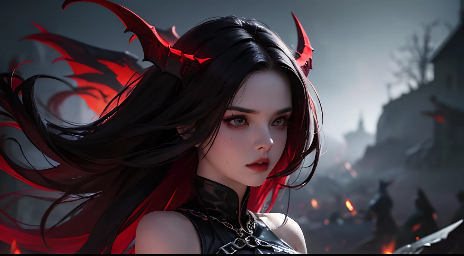 Demon woman in a sexy armor bodysuit, red glowing eyes, dripping make up, brunette, gothic, photorealistic, ultra detailed, trending on Artstation, ominous background, dark atmosphere.