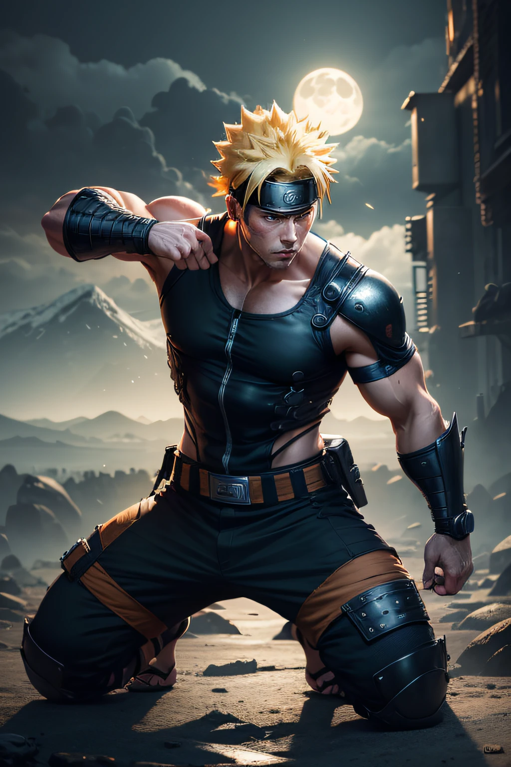 Naruto fighting pose, details modern clothing, HDR, UHD, 64K, highly detailed, professional photography , sketch style, ink scratches, sharp lines, trending on artstation, realistic engine, vivid colors , high resolution scanning, The camera details everything, Moonlight highlights your muscles and scars. The scenery is lush and mysterious, with a dark city and surroundings. The camera details everything.