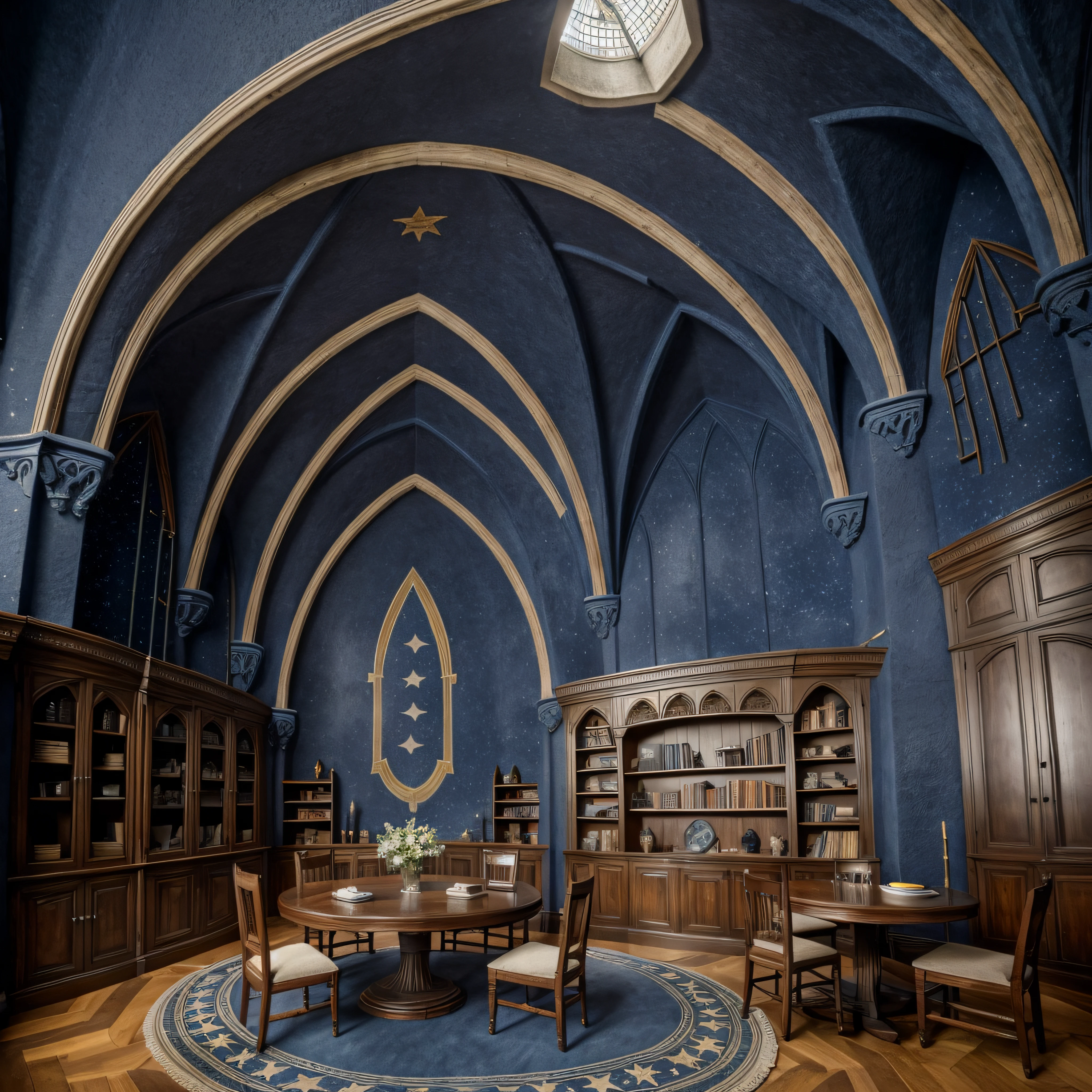 Donjon, Harry Potter, Ravenclaw, lounging, Arched windows, Blue silk hanging on the wall, Domed ceiling painted with stars, Dark blue carpet with stars, The table, a chair, Bookshelf on the floor --auto