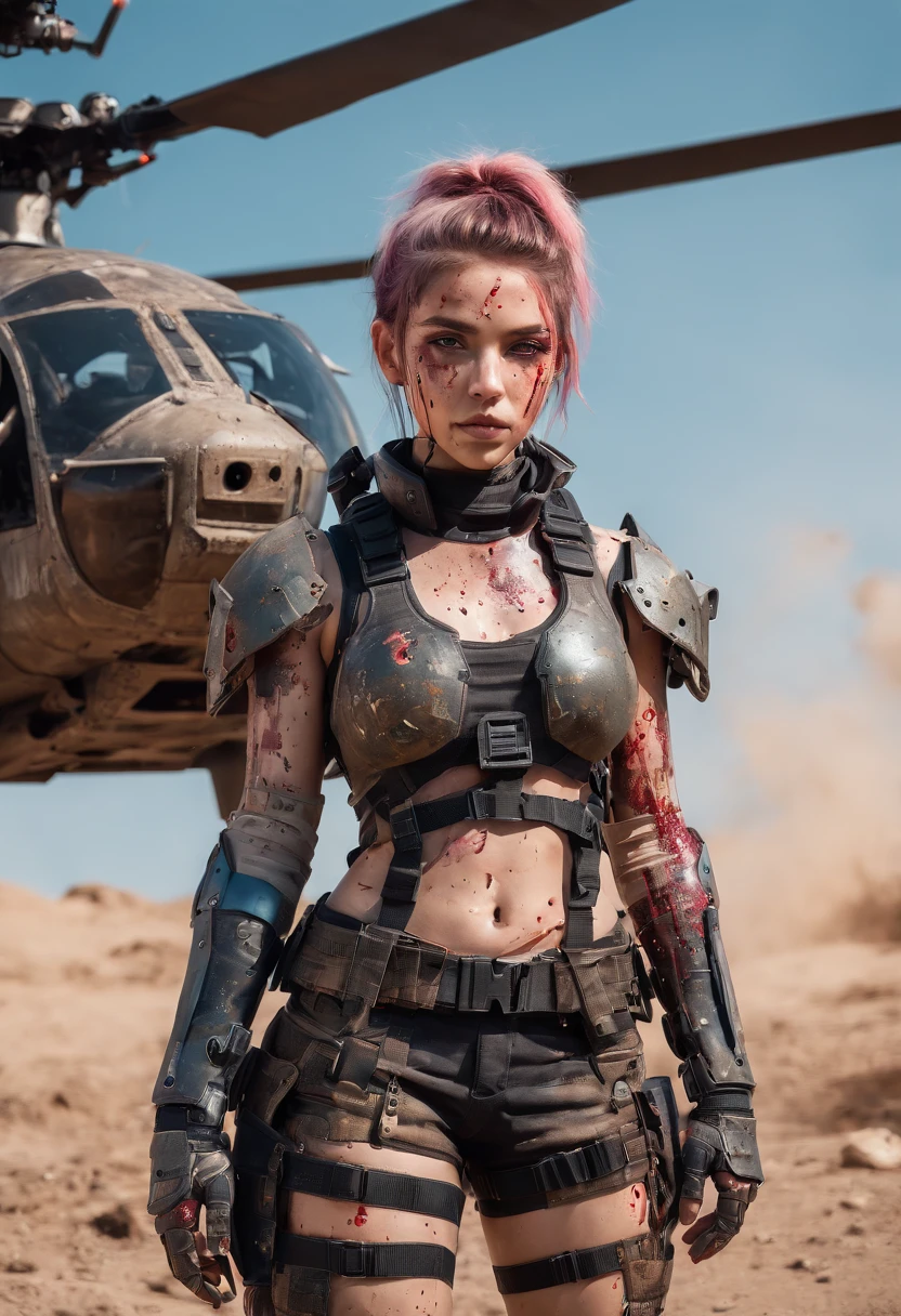 Postapocalyptic combat scene with a Beautiful hyperrealistic photograph of cute Young American woman with Runic tattoos, ((dirty face Blood splattered)), (((wearing full heavy mecha armor, combat harness, Neon highlights))) Short Brown Dreadlocks, combat pose, (((Holding on to the side of a combat Sci-Fi Combat helicopter))), exterior of Destroyed building, Fires, Smoke, debris, Camo netting, Ammo Boxes abstract beauty, near perfection, pure form, intricate detail, 8k post-production, High resolution, super Detail, trending on ArtStation, sharp focus, studio photos, intricate detail, Very detailed, By Greg Rutkowski
