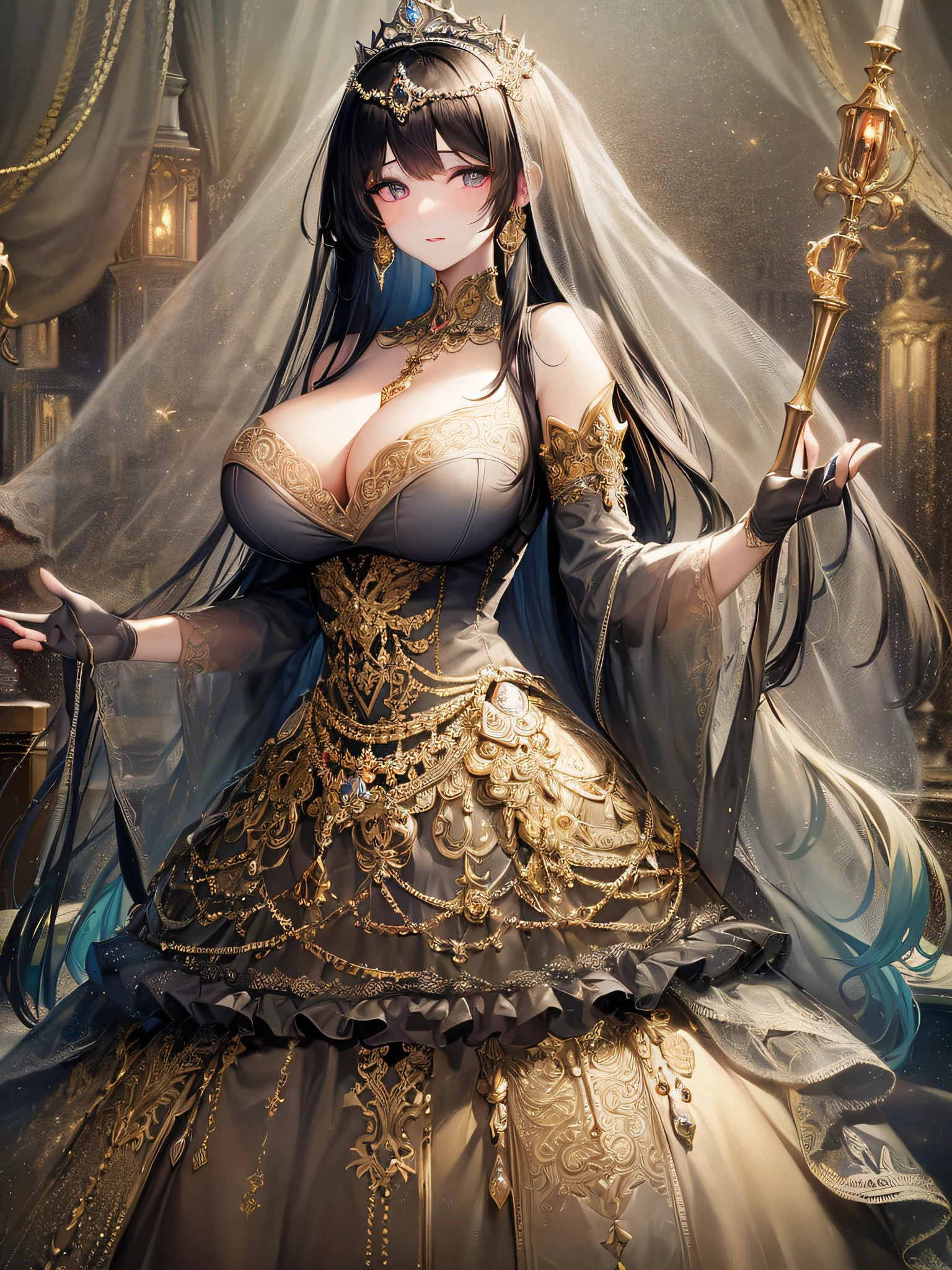 ((anime artstyle)),(Masterpiece),(Best Quality), (Super Detail),((Very Delicate and Beautiful)),cinematic lighting,1 girl,((full body portrait)),((standing in garden)),((solo)),(((1 fairytale princess in gorgeous embroidery and jeweled extremely gorgeous rococo princess ballgown with voluminous full length hoop skirt))),an hourglass waist,padded and corseted bodice,(((huge crinoline hoopskirt))),long train,((gorgeous embroidery and jeweled)),voluminous frills,See-through,(((extremely gigantic tits,skindentation))),cleavage,((absurdly Long Straight Hair,extremely voluminous Straight long Hair,absurdly Long Straight Hair)),(finely detailed face and eyes),clear pupil,extremely gorgeousfull hair ornament,(bling-bling jeweled extremely gorgeousfull tiara),((bling-bling gorgeous gemstone jewelry)),gorgeous long veil,((ultra long gloves)),(beautiful background),(full body),((gorgeous embroidery and jeweled extremely gorgeous rococo princess ballgown with voluminous full length hoop skirt))
