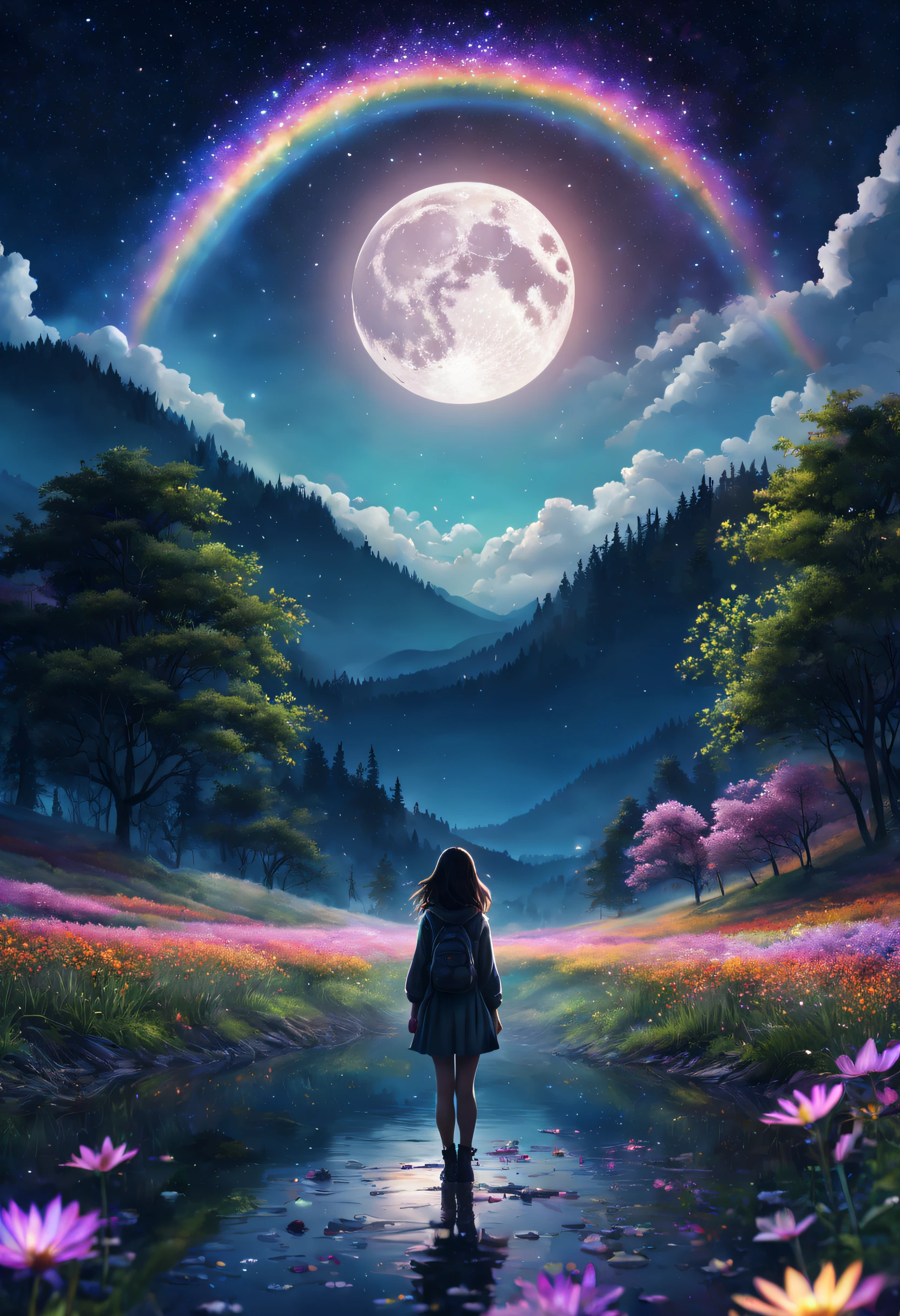 A wide landscape photo, (viewed from below, the sky is above, and the open field is below), a girl standing on a flower field looking up, (full moon: 1.2), (meteor: 0.9), (nebula: 1.3), distant mountains , Trees BREAK Crafting Art, (Warm Light: 1.2), (Firefly: 1.2), Lights, Lots of Purple and Orange, Intricate Details, Volumetric Lighting BREAK (Masterpiece: 1.2), (Best Quality), 4k, Ultra Detailed, (Dynamic Composition: 1.4), Rich in Detail and Color, (Rainbow Color: 1.2), (Glow, Atmospheric Lighting), Dreamy, Magical, (Solo: 1.2), girl stands with her back to the viewer, (masterpiece:1.2, best quality:1.2), nature, stars, moon, landscape background, warm light, sunrise, forest, shadows, contrast, constellations, landscape,water,(extremely detailed CG unity 8k wallpaper), most beautiful artwork in the world,professional majestic oil painting,intricate, High Detail, Sharp focus, dramatic, photorealistic painting art, octans, sky, star (sky), scenery, starry sky, night, 1girl, night sky, solo, outdoors, signature, building, cloud, milky way, sitting, tree, long hair, city, silhouette, cityscape, Vast and majestic skyline、The big sky occupies two-thirds of the photo、Girls and boys in casual clothes sitting side by side in the meadow、There is a deserted Japan city in the distance, Snowy mountain night with snowy coniferous forest at the foot of the mountain。Full moon and many stars, Masterpiece, best quality, (very detailed UHD 8k photo) unified 8k wallpaper), (best quality), (photorealistic), (best shadow), drinking water in the pool, Natural elements in forest theme, Mysterious forest, beautiful forest, nature, surrounded by flowers, delicate leaves and branches surrounded by fireflies (natural elements), (jungle theme), (leaves), (branches), (fireflies), (particle effects) and other 3D, Octane rendering, ray tracing, super detailed, High quality masterpiece, landscape, anime train passing through bodies of water on tracks, bright starry sky.
Waiting to start