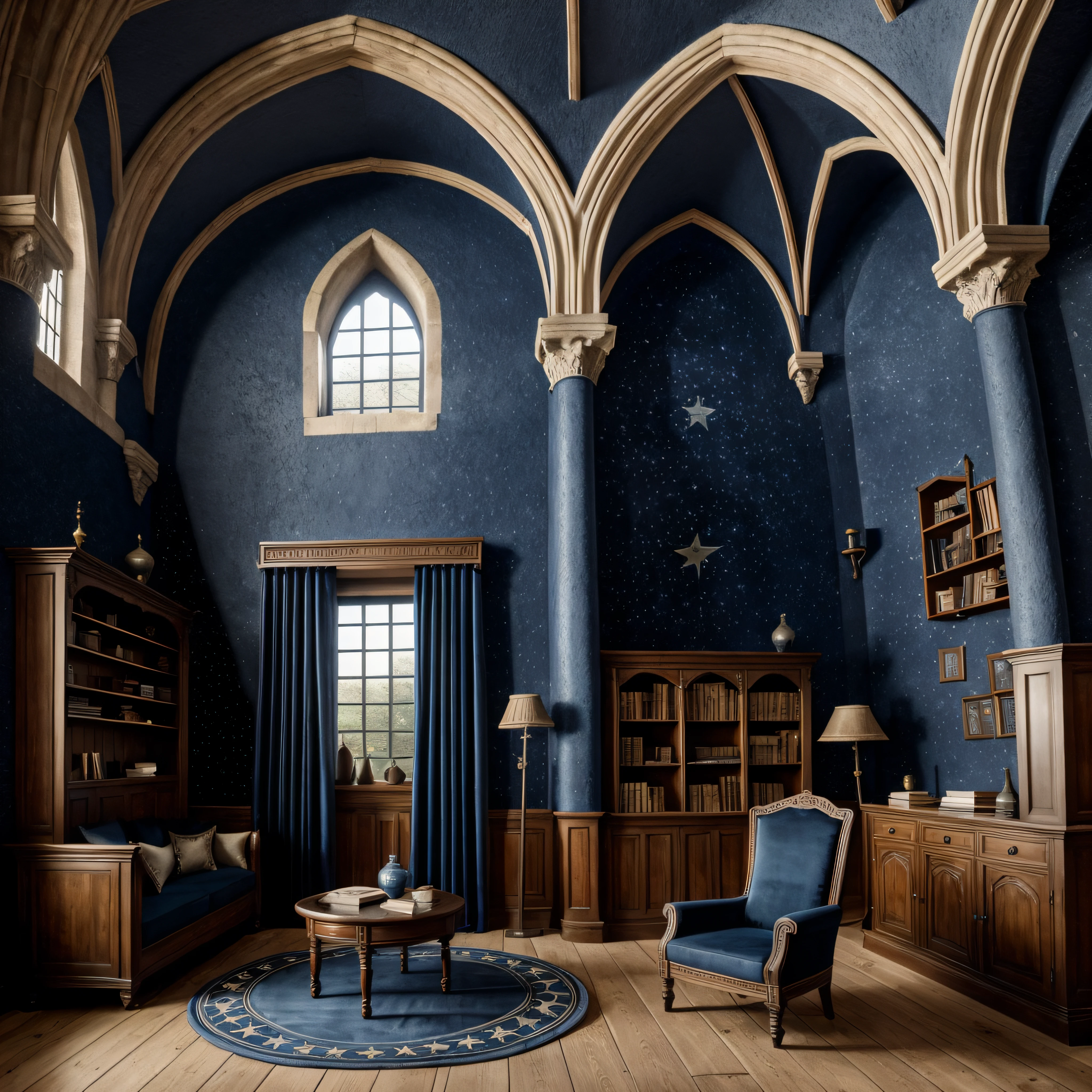 Donjon, Harry Potter, Ravenclaw, lounging, Arched windows, Blue silk hanging on the wall, Domed ceiling painted with stars, Dark blue carpet with stars, The table, a chair, Bookshelf on the floor --auto