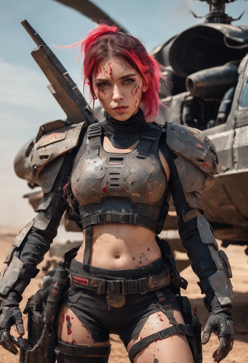 Postapocalyptic combat scene with a Beautiful hyperrealistic photograph of a Group of Young American women with Runic tattoos, ((dirty face Blood splattered)), (((wearing full heavy mecha armor, combat harness, Neon highlights))) Short Red Dreadlocks, combat pose, (((Holding on to the side of a combat Sci-Fi Combat helicopter))), exterior of Destroyed building, Fires, Smoke, debris, Camo netting, Ammo Boxes abstract beauty, near perfection, pure form, intricate detail, 8k post-production, High resolution, super Detail, trending on ArtStation, sharp focus, studio photos, intricate detail, Very detailed, By Greg Rutkowski