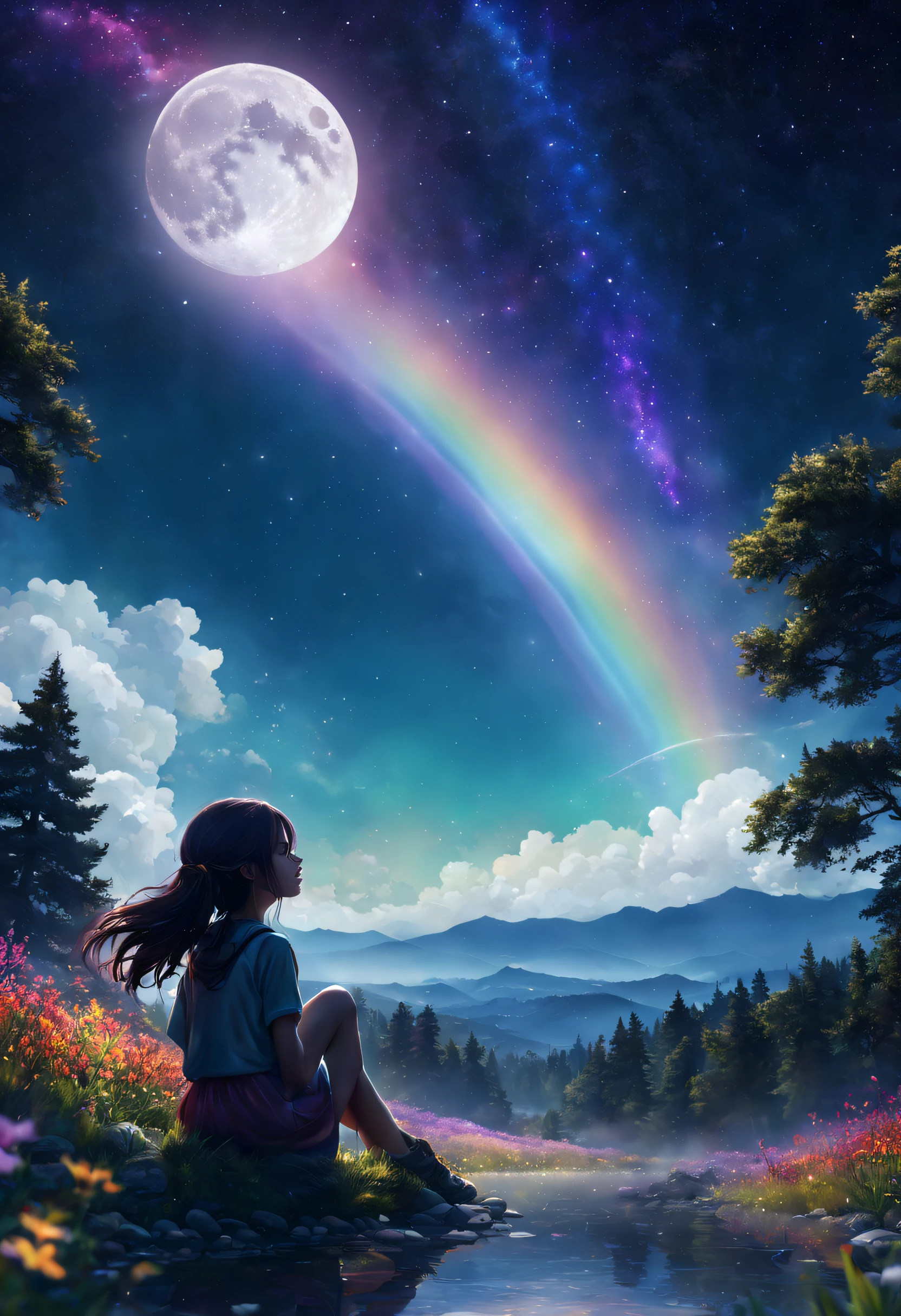 A wide landscape photo, (viewed from below, the sky is above, and the open field is below), a girl standing on a flower field looking up, (full moon: 1.2), (meteor: 0.9), (nebula: 1.3), distant mountains , Trees BREAK Crafting Art, (Warm Light: 1.2), (Firefly: 1.2), Lights, Lots of Purple and Orange, Intricate Details, Volumetric Lighting BREAK (Masterpiece: 1.2), (Best Quality), 4k, Ultra Detailed, (Dynamic Composition: 1.4), Rich in Detail and Color, (Rainbow Color: 1.2), (Glow, Atmospheric Lighting), Dreamy, Magical, (Solo: 1.2), girl stands with her back to the viewer, (masterpiece:1.2, best quality:1.2), nature, stars, moon, landscape background, warm light, sunrise, forest, shadows, contrast, constellations, landscape,water,(extremely detailed CG unity 8k wallpaper), most beautiful artwork in the world,professional majestic oil painting,intricate, High Detail, Sharp focus, dramatic, photorealistic painting art, octans, sky, star (sky), scenery, starry sky, night, 1girl, night sky, solo, outdoors, signature, building, cloud, milky way, sitting, tree, long hair, city, silhouette, cityscape, Vast and majestic skyline、The big sky occupies two-thirds of the photo、Girls and boys in casual clothes sitting side by side in the meadow、There is a deserted Japan city in the distance, Snowy mountain night with snowy coniferous forest at the foot of the mountain。Full moon and many stars, Masterpiece, best quality, (very detailed UHD 8k photo) unified 8k wallpaper), (best quality), (photorealistic), (best shadow), drinking water in the pool, Natural elements in forest theme, Mysterious forest, beautiful forest, nature, surrounded by flowers, delicate leaves and branches surrounded by fireflies (natural elements), (jungle theme), (leaves), (branches), (fireflies), (particle effects) and other 3D, Octane rendering, ray tracing, super detailed, High quality masterpiece, landscape, anime train passing through bodies of water on tracks, bright starry sky. 
Waiting to start