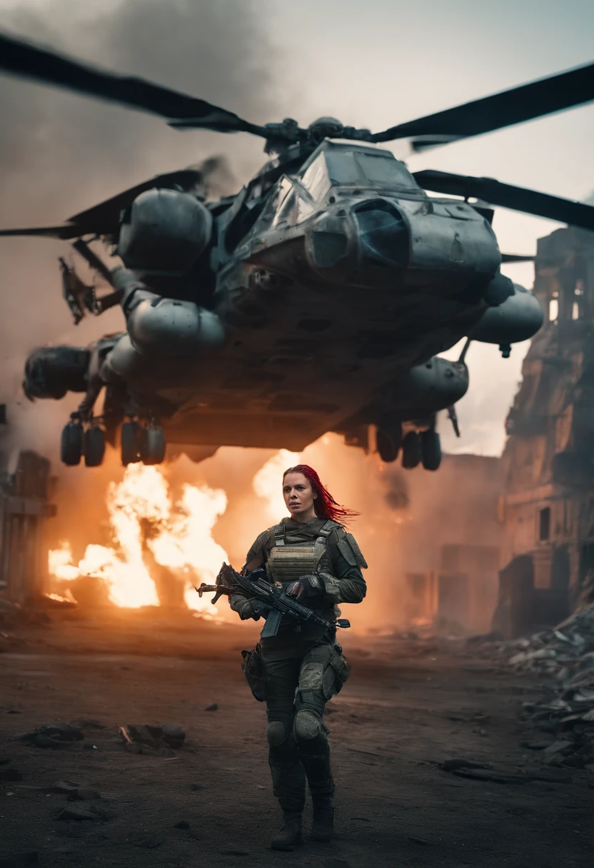 Postapocalyptic combat scene with a Beautiful hyperrealistic photograph of cute Young American woman with Runic tattoos, ((dirty face Blood splattered)), (((wearing full heavy mecha armor, combat harness, Neon highlights))) Short Red Dreadlocks, combat pose, (((Holding on to the side of a combat Sci-Fi Combat helicopter))), exterior of Destroyed building, Fires, Smoke, debris, Camo netting, Ammo Boxes abstract beauty, near perfection, pure form, intricate detail, 8k post-production, High resolution, super Detail, trending on ArtStation, sharp focus, studio photos, intricate detail, Very detailed, By Greg Rutkowski