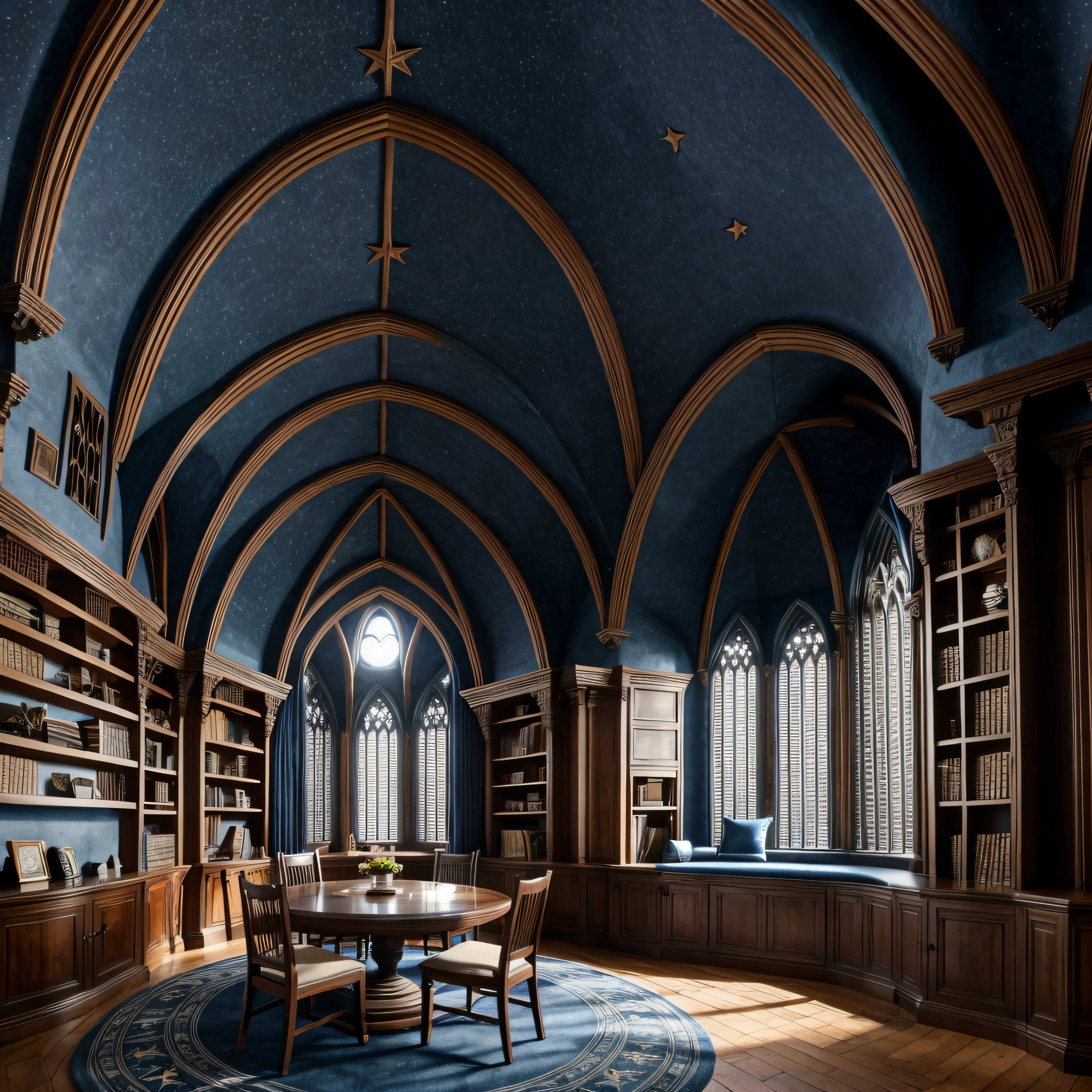 Donjon, Harry Potter, Ravenclaw, lounging, Arched windows, Blue silk hanging on the wall, Domed ceiling painted with stars, Dark blue carpet with stars, The table, a chair, Bookshelf on the floor --auto