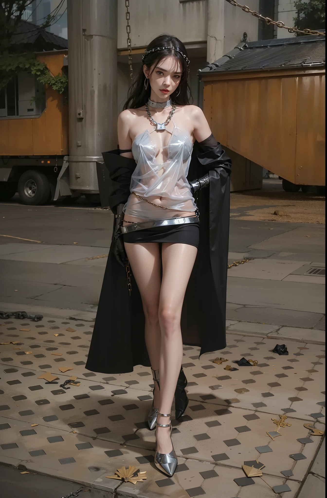 ,((Wearing a torn sheer costume of a superheroine)),(, No bra)), Wet crotch, Wet thighs, Beautiful girl with accentuated slender abs: 1.4, (((nipple tips protruding, areola is protruding, The shape of the pubic region is clearly visible)), sixpack abs: 1.4, Bust Botox, Photo, Sharpness, Unique 850 4, Koda850 k portrait camera, F1.6 shots, Ultra-realistic textures, Spectacular light textures, Cinestil 800 Fashion Mechanics, (futuristic sci-fi battle fashion: 1.1), (tied perfectly by chain), Restraint, Slaves, collars, ((wide prison with sunlight)), Dark fantasy, Realistic material details, extreme hight detail, Ultra-realistic materials ((Torn costume))), Wet, Cloudy, (Chained)), ((big emphasized by chains)), ((chains digging into crotch)), ( (Collar)), (, No bra), shredded costumes, broken golden shields and battle spears,, White combat gloves, Combat shoulder armor, Blood splattered on the face, Blood splattered, Realistic, (Bruises, Dirty, ripped clothing, skimpy clothing, Blood: 1.3), Torn Cape, Torn pantyhose, Long legs, ((iron pipe in the crotch)), Metallic shackles and fetters, ((chains hung from heaven)), Wet crotch is clearly visible, Swarovski's sword and the anatomy beneath his feet, (futuristic sci-fi battle fashion, Torn mesh stockings),Finger repair,high-heels