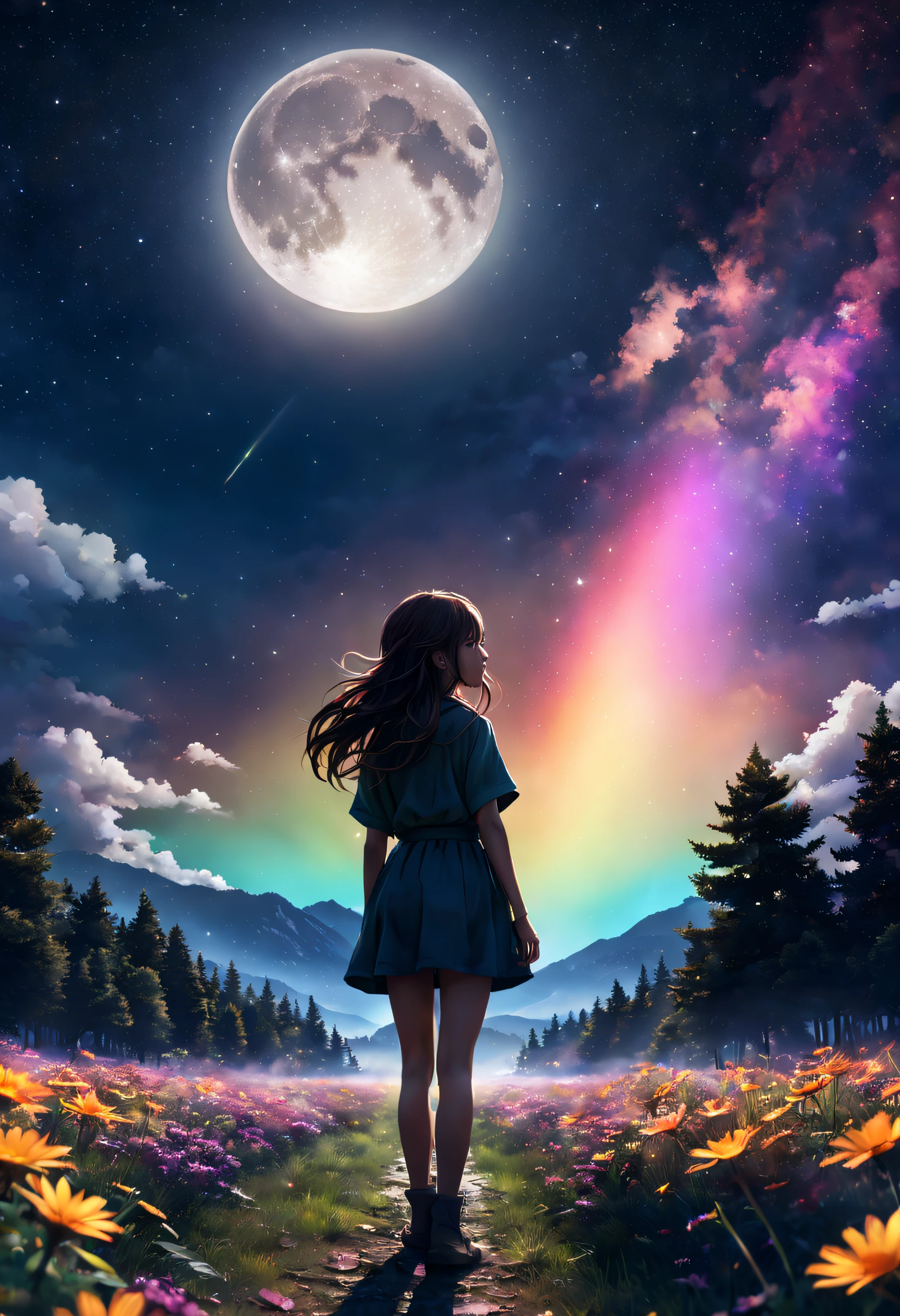 A wide landscape photo, (viewed from below, the sky is above, and the open field is below), a girl standing on a flower field looking up, (full moon: 1.2), (meteor: 0.9), (nebula: 1.3), distant mountains , Trees BREAK Crafting Art, (Warm Light: 1.2), (Firefly: 1.2), Lights, Lots of Purple and Orange, Intricate Details, Volumetric Lighting BREAK (Masterpiece: 1.2), (Best Quality), 4k, Ultra Detailed, (Dynamic Composition: 1.4), Rich in Detail and Color, (Rainbow Color: 1.2), (Glow, Atmospheric Lighting), Dreamy, Magical, (Solo: 1.2), girl stands with her back to the viewer, (masterpiece:1.2, best quality:1.2), nature, stars, moon, landscape background, warm light, sunrise, forest, shadows, contrast, constellations, landscape,water,(extremely detailed CG unity 8k wallpaper), most beautiful artwork in the world,professional majestic oil painting,intricate, High Detail, Sharp focus, dramatic, photorealistic painting art, octans, sky, star (sky), scenery, starry sky, night, 1girl, night sky, solo, outdoors, signature, building, cloud, milky way, sitting, tree, long hair, city, silhouette, cityscape, Vast and majestic skyline、The big sky occupies two-thirds of the photo、Girls and boys in casual clothes sitting side by side in the meadow、There is a deserted Japan city in the distance, Snowy mountain night with snowy coniferous forest at the foot of the mountain。Full moon and many stars, Masterpiece, best quality, (very detailed UHD 8k photo) unified 8k wallpaper), (best quality), (photorealistic), (best shadow), drinking water in the pool, Natural elements in forest theme, Mysterious forest, beautiful forest, nature, surrounded by flowers, delicate leaves and branches surrounded by fireflies (natural elements), (jungle theme), (leaves), (branches), (fireflies), (particle effects) and other 3D, Octane rendering, ray tracing, super detailed, High quality masterpiece, landscape, anime train passing through bodies of water on tracks, bright starry sky.
Waiting to start