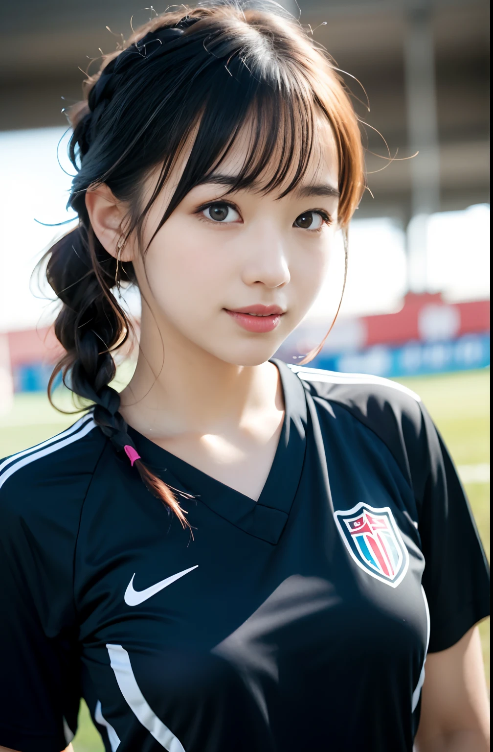 (8K, Raw photo, top-quality, masterpiece: 1.2), masterpiece, super detailing, Ultra-high decomposition energy A, (Realistic and realistic photos: 1.37), high-definition RAW color photography, Very delicate and beautiful., About Igree, 8K Wallpaper, astonishing, detaileds, extremely detailed eye, highlydetailed skin, extremely detailed fingers, highly detailed nose, highly detail mouth, perfect anatomia,1girll, (Soccer Uniforms), hazy, blured background, Blurred foreground, blush, braid, pectoral muscles, depth of fields, eyebrows visible through hair, Frild, hair between eye, Soccer Field、 Soccer Balls、goal、Short hair, Solo, Colossal tits、乃木坂アイドル、韓国アイドル、hposing Gravure Idol、 Star、18year old、tall、韓国アイドル、乃木坂アイドル、 Star、hposing Gravure Idol、((full body Esbian)),