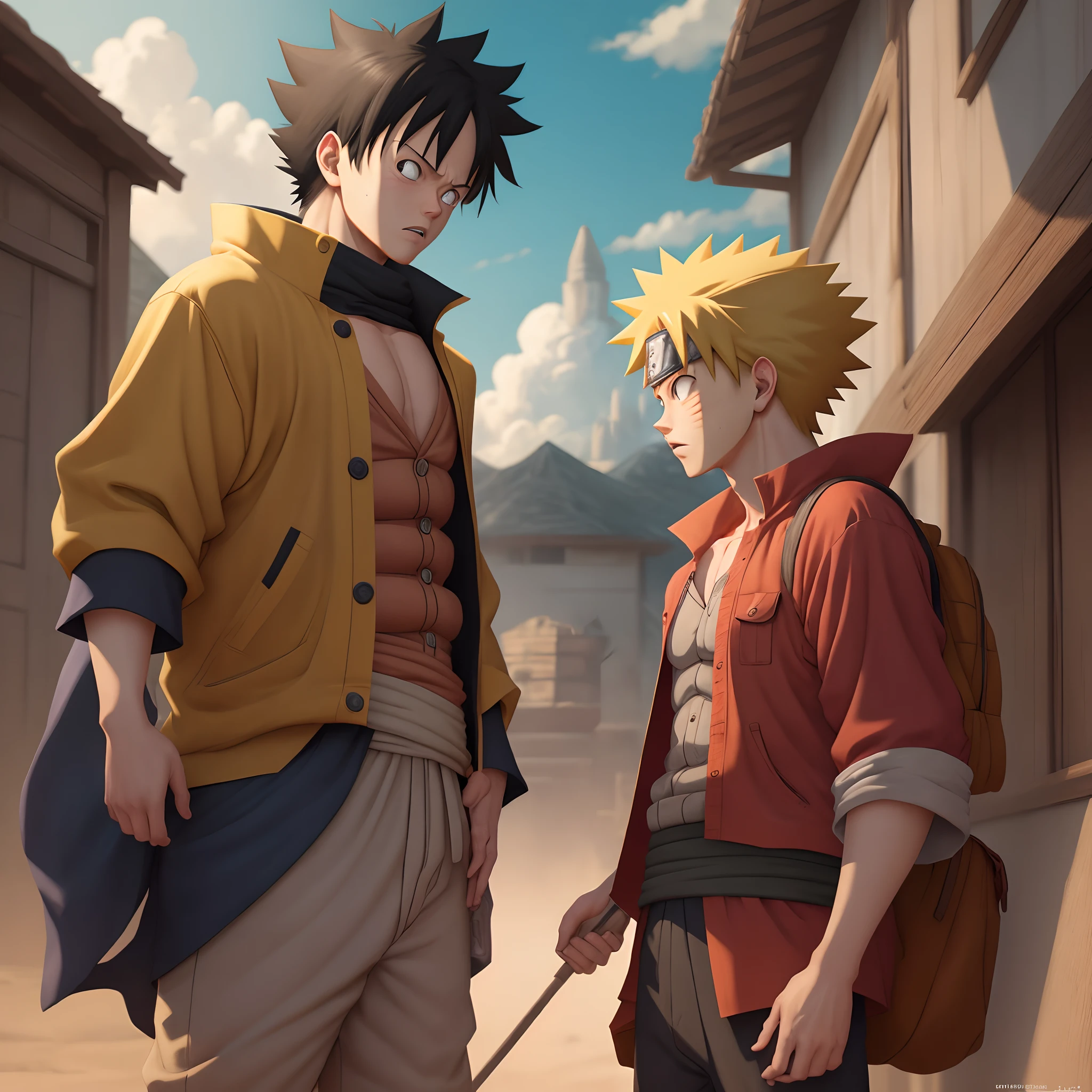 One illustration would show Luffy and Naruto looking skyward, wide-eyed.