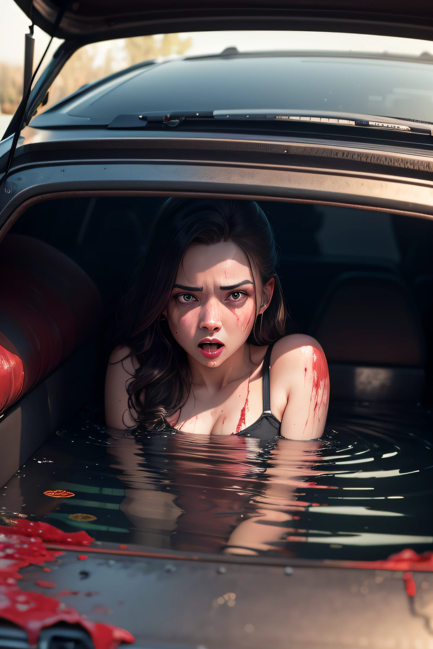 young woman in a car trunk, hyper realistic in 8k, hyper detail, with blood, horror scene, in the background a pond