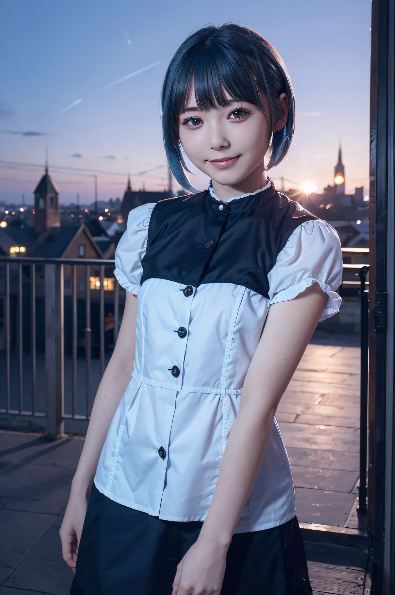 ((masutepiece)), ((Best Quality)), (Ultra-detailed), ((Extremely detailed)), 4K, (8K), Best Quality, (Beautiful), city, Town, evening, Cute  girl s, 1girl in, Solo, gothic lolita costume, Beautiful light blue hair 0, ((Beautiful eyes)), Short hair, Smile