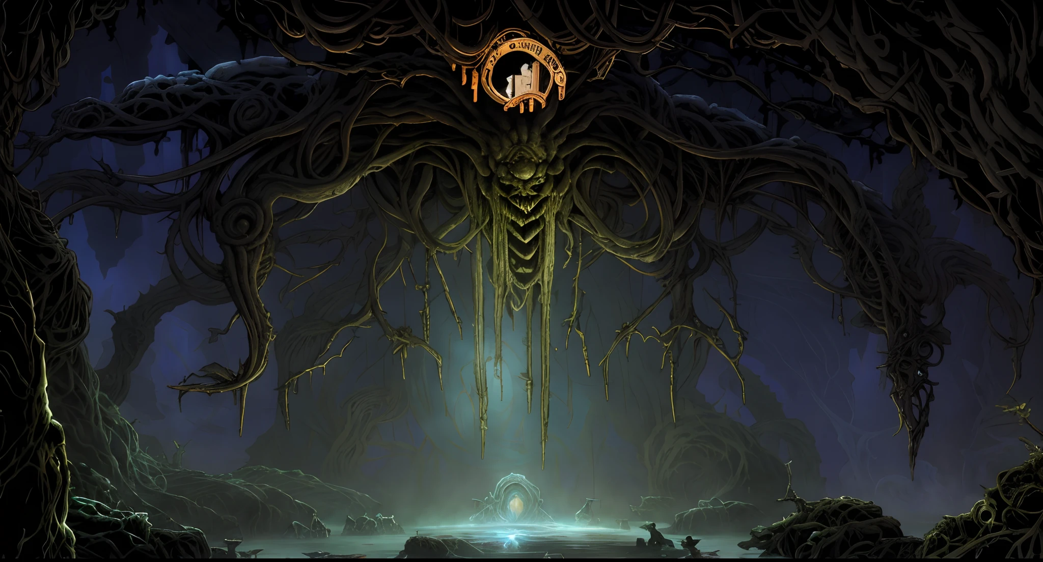 caverna, Jogo 2D, plataforma,Cavaleiro Oco, Lovecraft, (H.R Giger)( ( ( ( ( Dan Mumford, ) ) ) ) ), (ancient biomechanical temple), Dan Mumford. arte conceitual, arte sci-fi detalhada, cyber sanctuary, arte detalhada da capa, alien temple, Sem estilo Giger RH, Nenhum estilo de h r giger