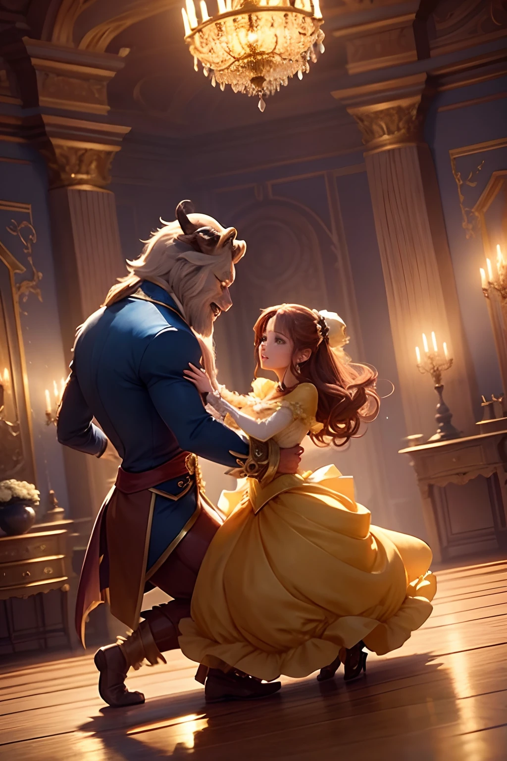 beauty and the beast animation, belle and the beast's ball scene, dancing, chibi style, anime, palace interior, front angle, warm lights