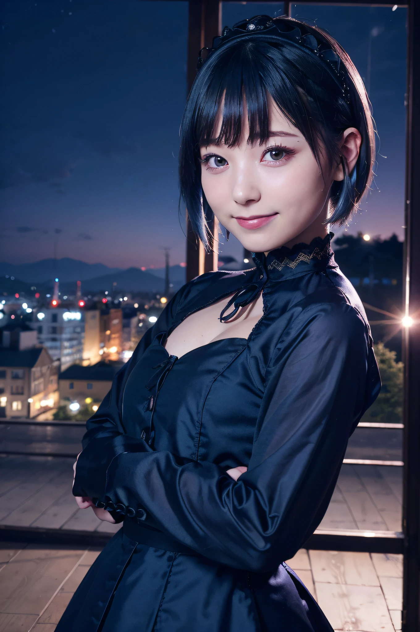 ((masutepiece)), ((Best Quality)), (Ultra-detailed), ((Extremely detailed)), 4K, (8K), Best Quality, (Beautiful), city, Town, evening, Cute  girl s, 1girl in, Solo, gothic lolita costume, Beautiful light blue hair 0, ((Beautiful eyes)), Short hair, Smile