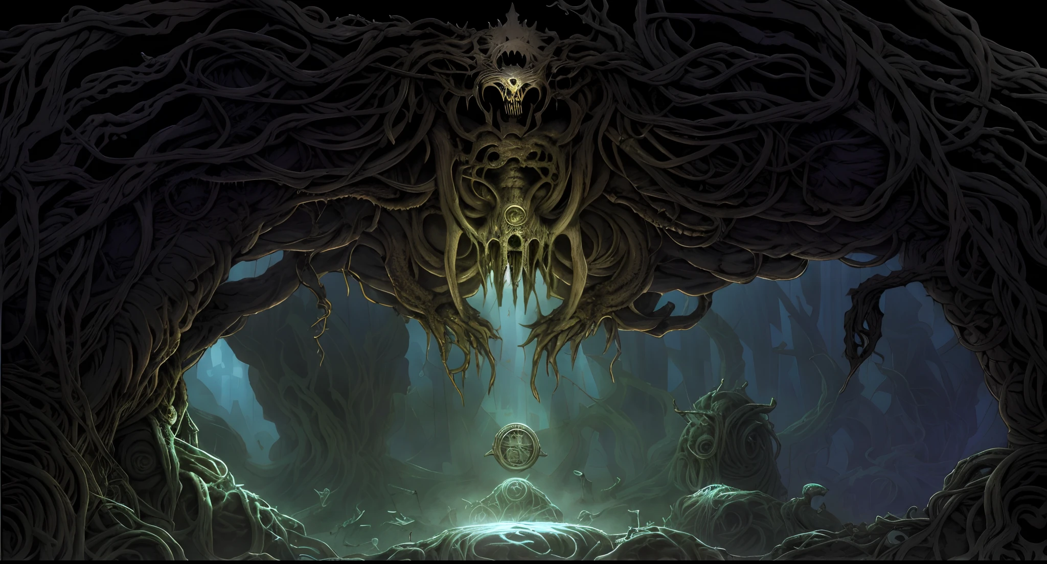 caverna, Jogo 2D, plataforma,Cavaleiro Oco, Lovecraft, (H.R Giger)( ( ( ( ( Dan Mumford, ) ) ) ) ), (ancient biomechanical temple), Dan Mumford. arte conceitual, arte sci-fi detalhada, cyber sanctuary, arte detalhada da capa, alien temple, Sem estilo Giger RH, Nenhum estilo de h r giger