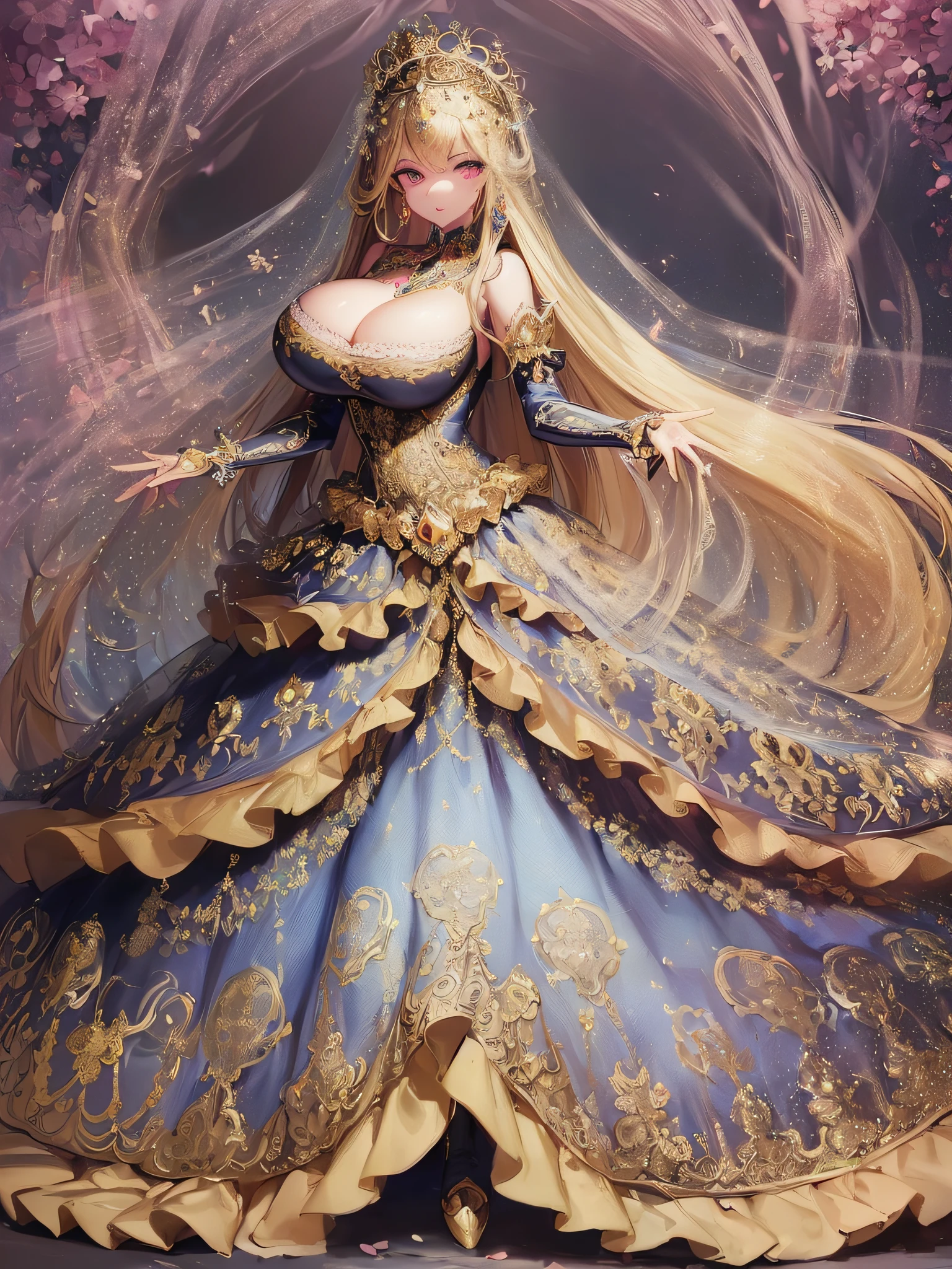 ((anime artstyle)),(Masterpiece),(Best Quality), (Super Detail),((Very Delicate and Beautiful)),cinematic lighting,1 girl,((full body portrait)),((standing in garden)),((solo)),(((1 fairytale princess in gorgeous embroidery and jeweled extremely gorgeous rococo princess ballgown with voluminous full length hoop skirt))),an hourglass waist,padded and corseted bodice,(((huge crinoline hoopskirt))),long train,((gorgeous embroidery and jeweled)),voluminous frills,See-through,(((extremely gigantic tits,skindentation))),cleavage,((absurdly Long Straight Hair,extremely voluminous Straight long Hair,absurdly Long Straight Hair)),(finely detailed face and eyes),clear pupil,extremely gorgeousfull hair ornament,(bling-bling jeweled extremely gorgeousfull tiara),((bling-bling gorgeous gemstone jewelry)),gorgeous long veil,((ultra long gloves)),(beautiful background),(full body),((gorgeous embroidery and jeweled extremely gorgeous rococo princess ballgown with voluminous full length hoop skirt))