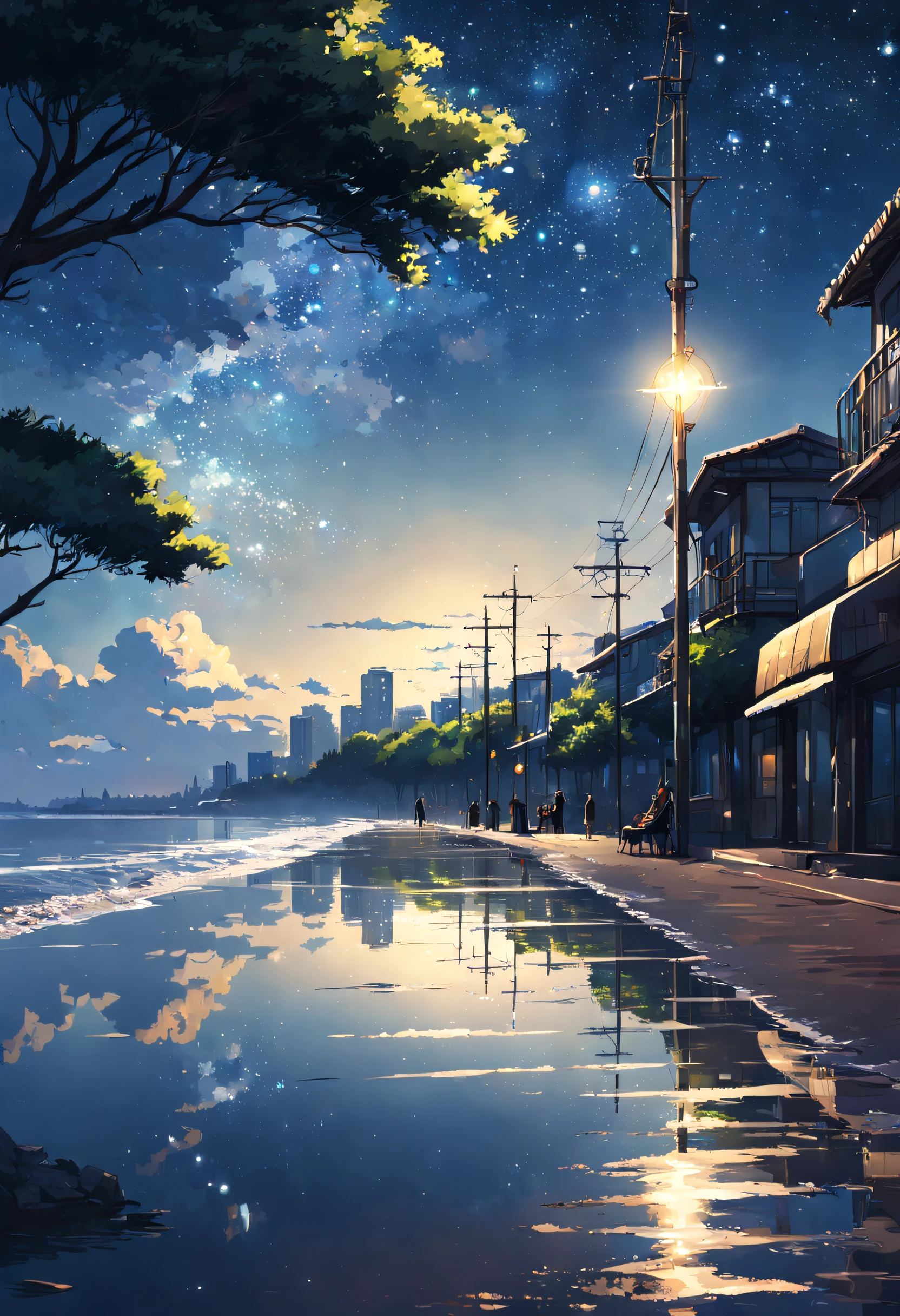 A woman stood on the sidewalk by the water, watching the sunset. anime big breast, sunset illustration, Atmospheric. Digital painting, Anime Sky, Makoto Shinkai's style, inspired by Makoto Shinkai, Twilight ; Digital painting, Anime landscapes, in the style of makoto shinkai, Anime landscape, anime scene, author:Kaneokase Kane
