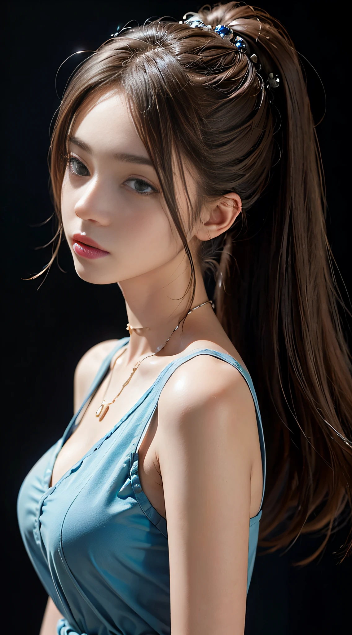 ((​masterpiece:1.4)、(top-quality:1.4)、(reallistic:1.7))、masuter piece:1.4、Kawaii Girl、Portrait photos、Close-up photos、Upper body photography、beautiful countenance、defiance、dark backgrounds、Narrow waist、poneyTail、Raw photo、red-lips、a choker、a necklace、耳Nipple Ring、1 screen display、