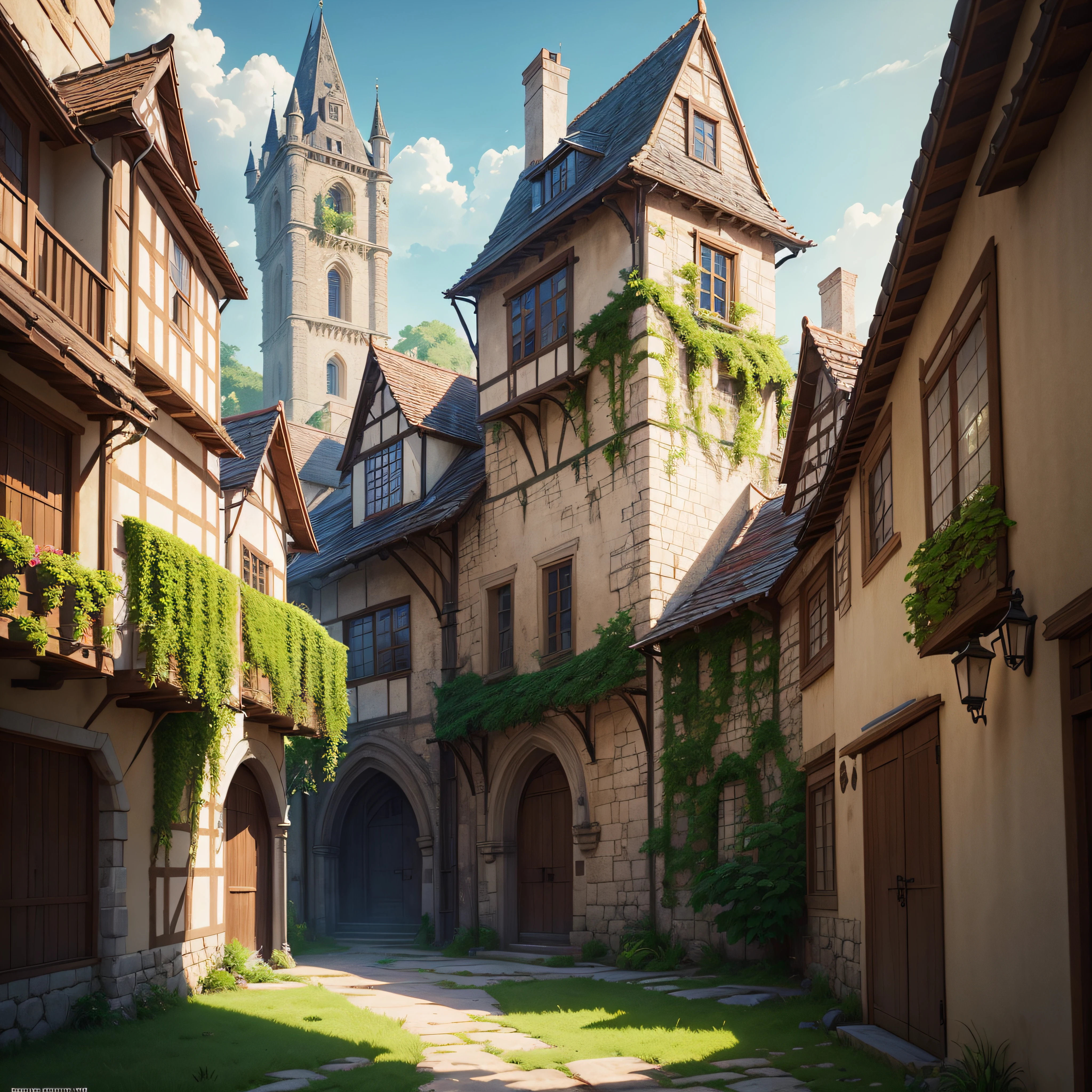 4K, Realistic, Very detailed, wide-angle lens, Moist medieval town, Vibrant, Fantastic plants, large home, Shinkai Makoto style, Anime Background, Concept art, (Characters are not displayed), Realistic lighting, epic composition, distracted, (masutepiece, Best Quality), Super HD, 32k --auto --v 6