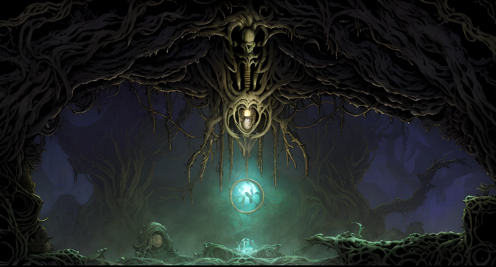 caverna, Jogo 2D, plataforma,Cavaleiro Oco, Lovecraft, (H.R Giger)( ( ( ( ( Dan Mumford, ) ) ) ) ), (ancient biomechanical temple), Dan Mumford. arte conceitual, arte sci-fi detalhada, cyber sanctuary, arte detalhada da capa, alien temple, Sem estilo Giger RH, Nenhum estilo de h r giger