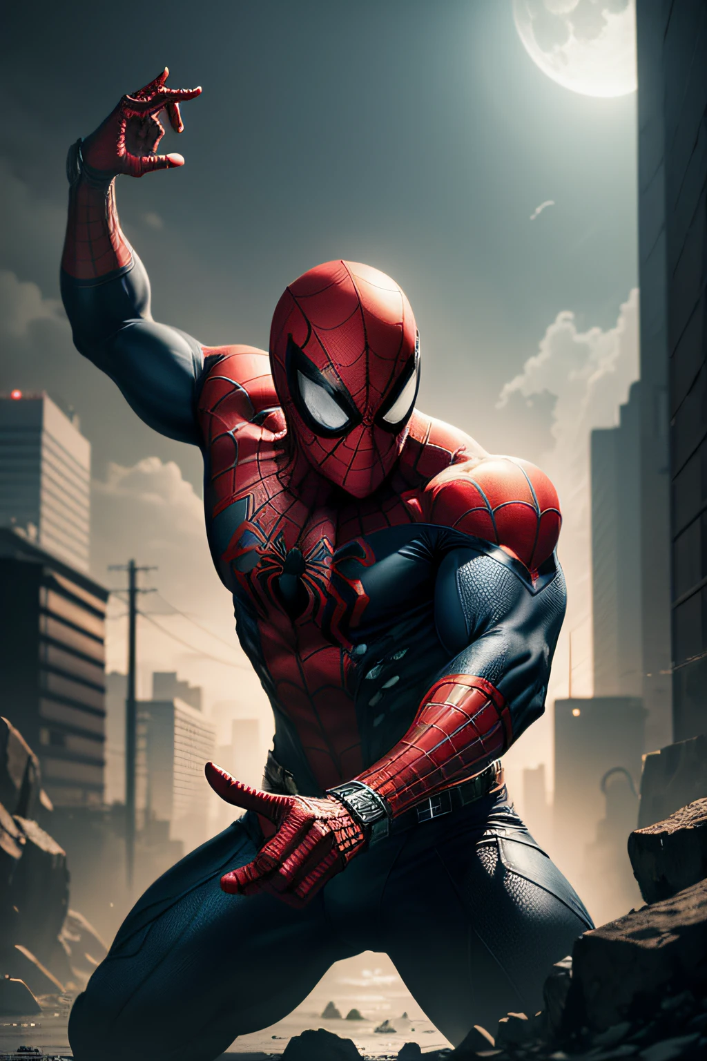 Spiderman fighting pose, details modern clothing, HDR, UHD, 64K, highly detailed, professional photography , sketch style, ink scratches, sharp lines, trending on artstation, realistic engine, vivid colors , high resolution scanning, The camera details everything, Moonlight highlights your muscles and scars. The scenery is lush and mysterious, with a dark city and surroundings. The camera details everything.