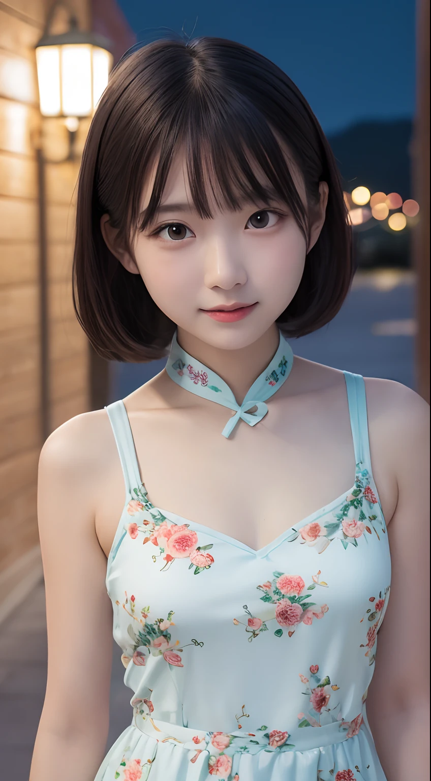 masutepiece, Best Quality, 8K, 10yaers old, Teen, Raw photo, absurderes, award winning portrait, Smile, Solo, (Night:1.8), Idol face, violaceaess, Delicate girl, Upper body, Digital SLR, Looking at Viewer, Candid, Sophisticated,Thin arms, Professional Lighting, Film grain, chromatic abberation, (Eyes and faces with detailed:1.0), (Bokeh:1.1) , (qipao dress:1.1) , closes mouth