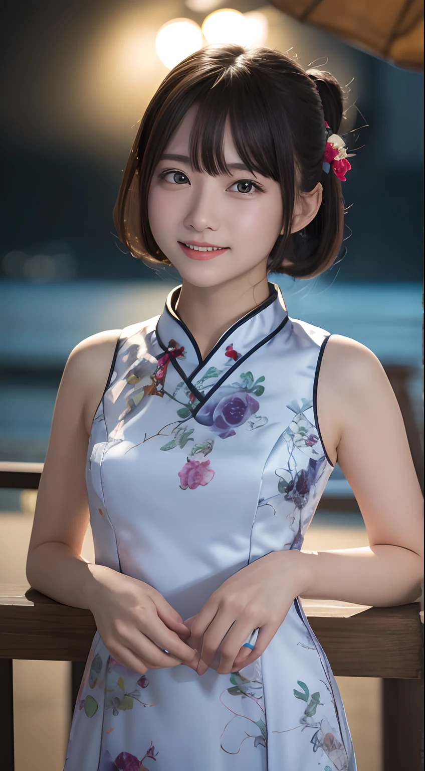 masutepiece, Best Quality, 8K, ers old, Teen, Raw photo, absurderes, award winning portrait, Smile, Solo, (Night:1.8), Idol face, violaceaess, Delicate girl, Upper body, Digital SLR, Looking at Viewer, Candid, Sophisticated,Thin arms, Professional Lighting, Film grain, chromatic abberation, (Eyes and faces with detailed:1.0), (Bokeh:1.1) , (qipao dress:1.1) , closes mouth