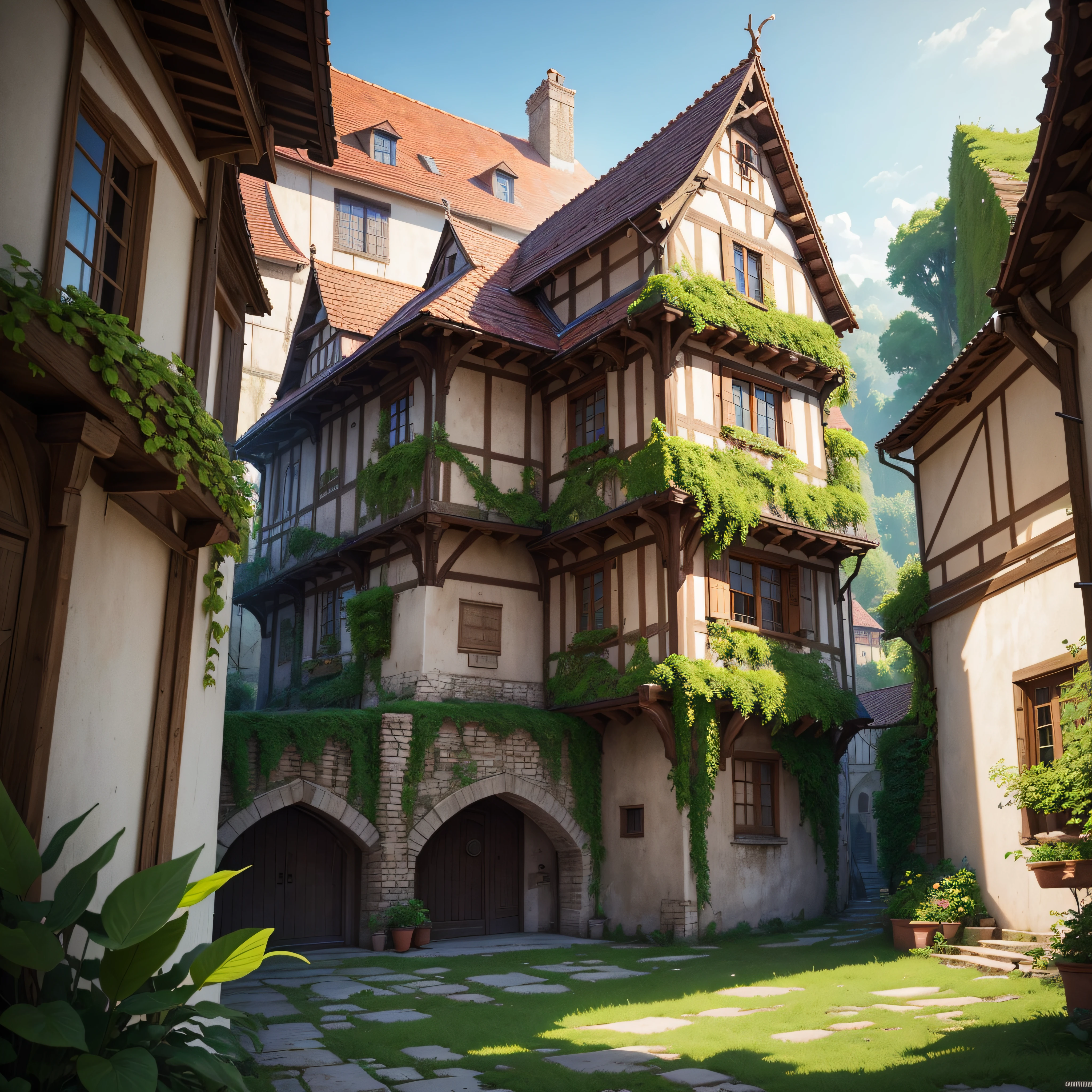 4K, Realistic, Very detailed, wide-angle lens, Moist medieval town, Vibrant, Fantastic plants, large home, Shinkai Makoto style, Anime Background, Concept art, (Characters are not displayed), Realistic lighting, epic composition, distracted, (masutepiece, Best Quality), Super HD, 32k --auto --v 6