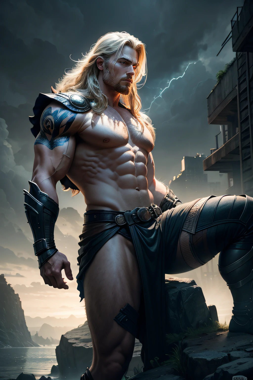 Thor fighting pose, details modern clothing, HDR, UHD, 64K, highly detailed, professional photography , sketch style, ink scratches, sharp lines, trending on artstation, realistic engine, vivid colors , high resolution scanning, The camera details everything, Moonlight highlights your muscles and scars. The scenery is lush and mysterious, with a dark city and surroundings. The camera details everything.