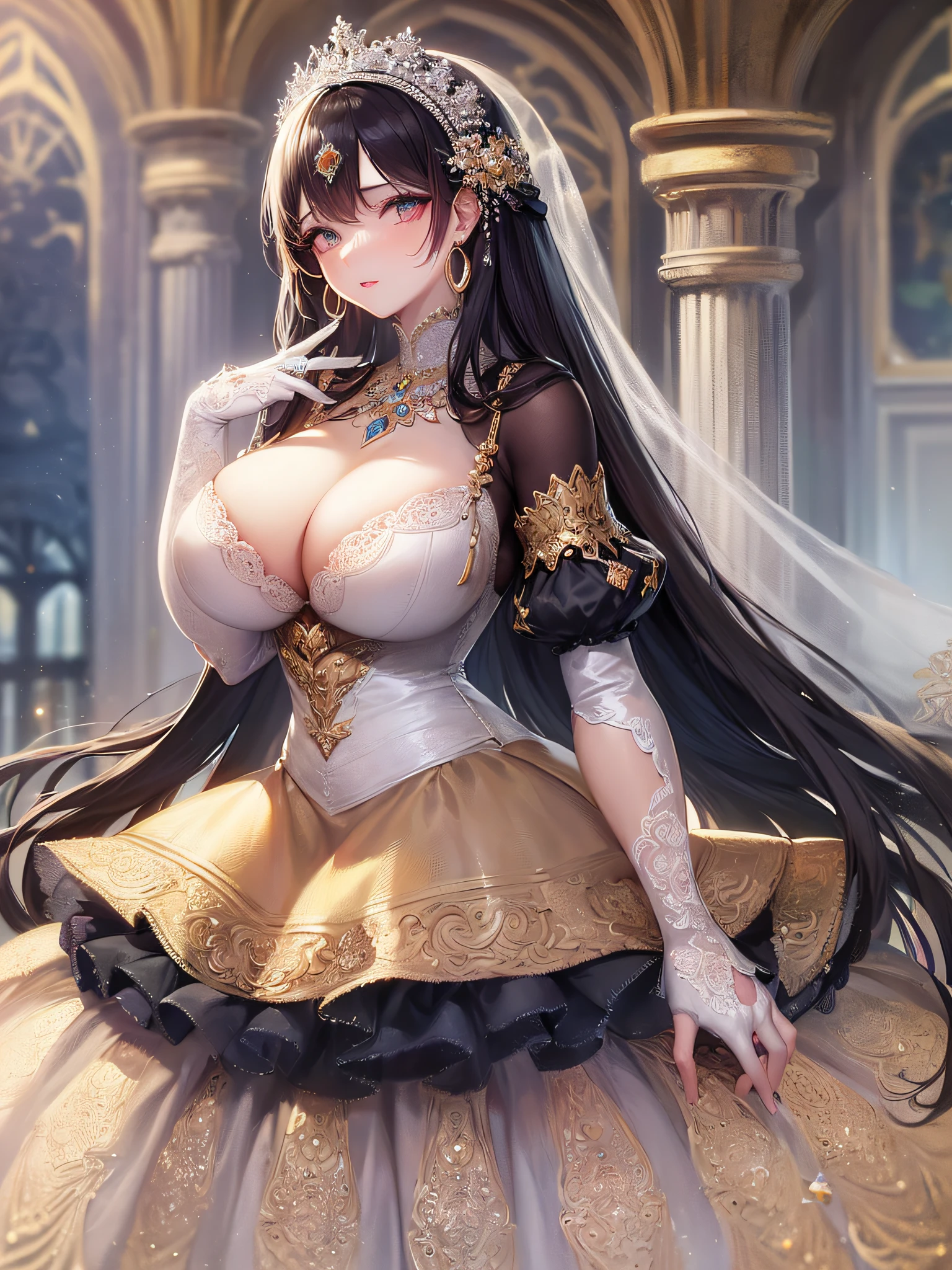 ((anime artstyle)),(Masterpiece),(Best Quality), (Super Detail),((Very Delicate and Beautiful)),cinematic lighting,1 girl,((full body portrait)),((standing in garden)),((solo)),(((1 fairytale princess in gorgeous embroidery and jeweled extremely gorgeous rococo princess ballgown with voluminous full length hoop skirt))),an hourglass waist,padded and corseted bodice,(((huge crinoline hoopskirt))),long train,((gorgeous embroidery and jeweled)),voluminous frills,See-through,(((extremely gigantic tits,skindentation))),cleavage,((absurdly Long Straight Hair,extremely voluminous Straight long Hair,absurdly Long Straight Hair)),(finely detailed face and eyes),clear pupil,extremely gorgeousfull hair ornament,(bling-bling jeweled extremely gorgeousfull tiara),((bling-bling gorgeous gemstone jewelry)),gorgeous long veil,((ultra long gloves)),(beautiful background),(full body),((gorgeous embroidery and jeweled extremely gorgeous rococo princess ballgown with voluminous full length hoop skirt))