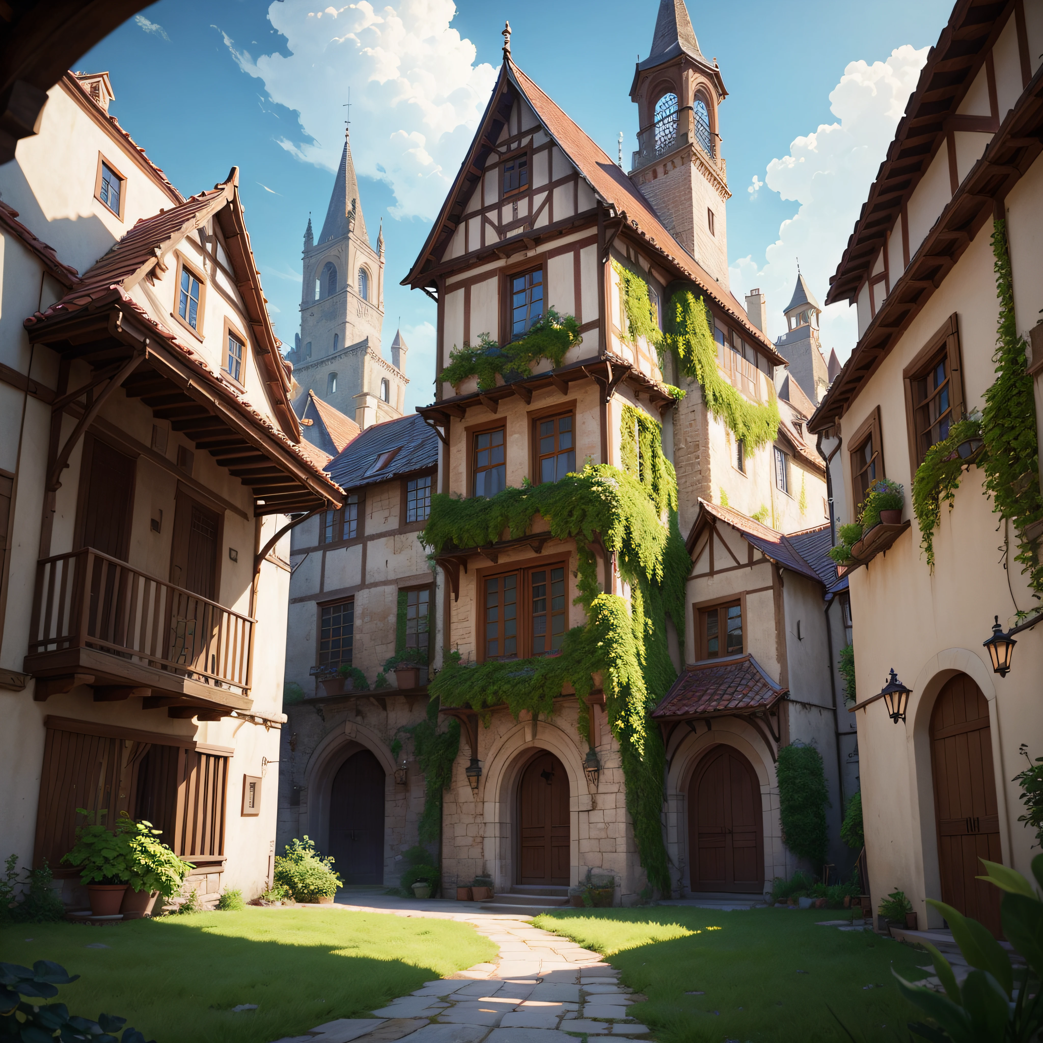 4K, Realistic, Very detailed, wide-angle lens, Moist medieval town, Vibrant, Fantastic plants, large home, Shinkai Makoto style, Anime Background, Concept art, (Characters are not displayed), Realistic lighting, epic composition, distracted, (masutepiece, Best Quality), Super HD, 32k --auto --v 6