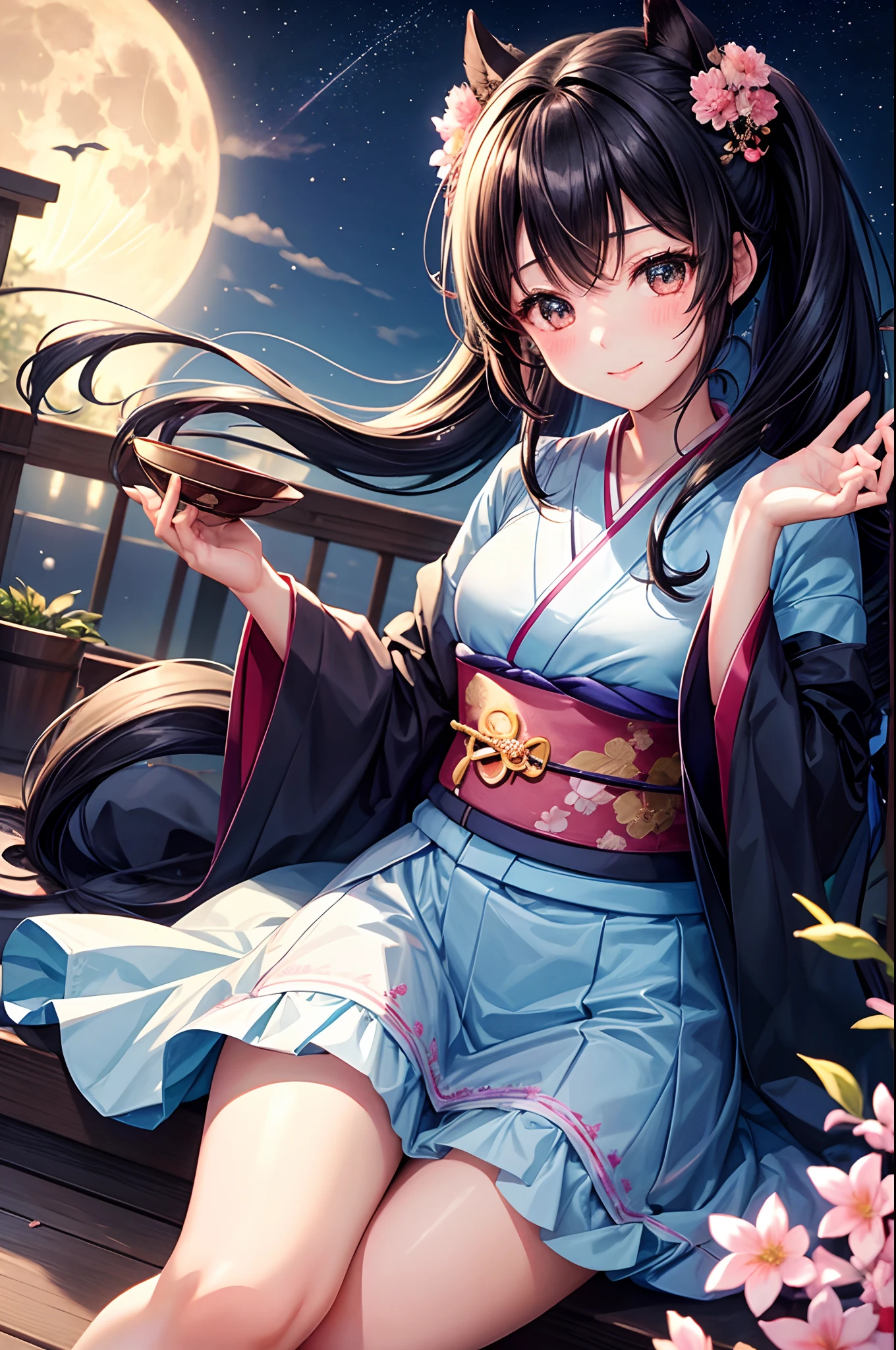 Best Quality、、Very cute、Terena's face、poneyTail、Moon Night、Black hair、Schools、I want to blush、Staring at this、Wink、twinkling、Kimono、Serve tea