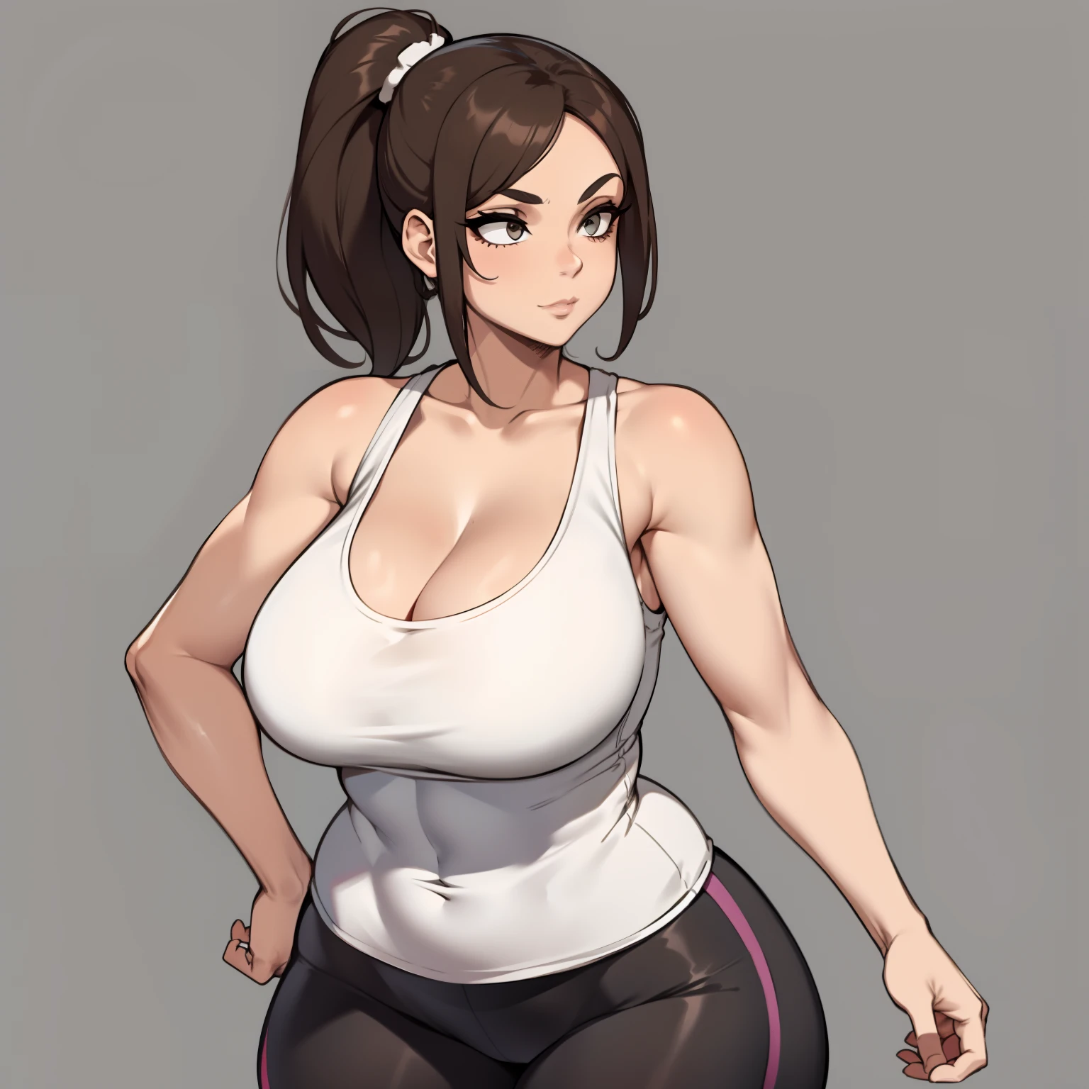 one female with short ponytail brown haircut, wearing yoga pants and a grey tank top, thicc, alone, solo, (ALONE)(SOLO), showing cleavage