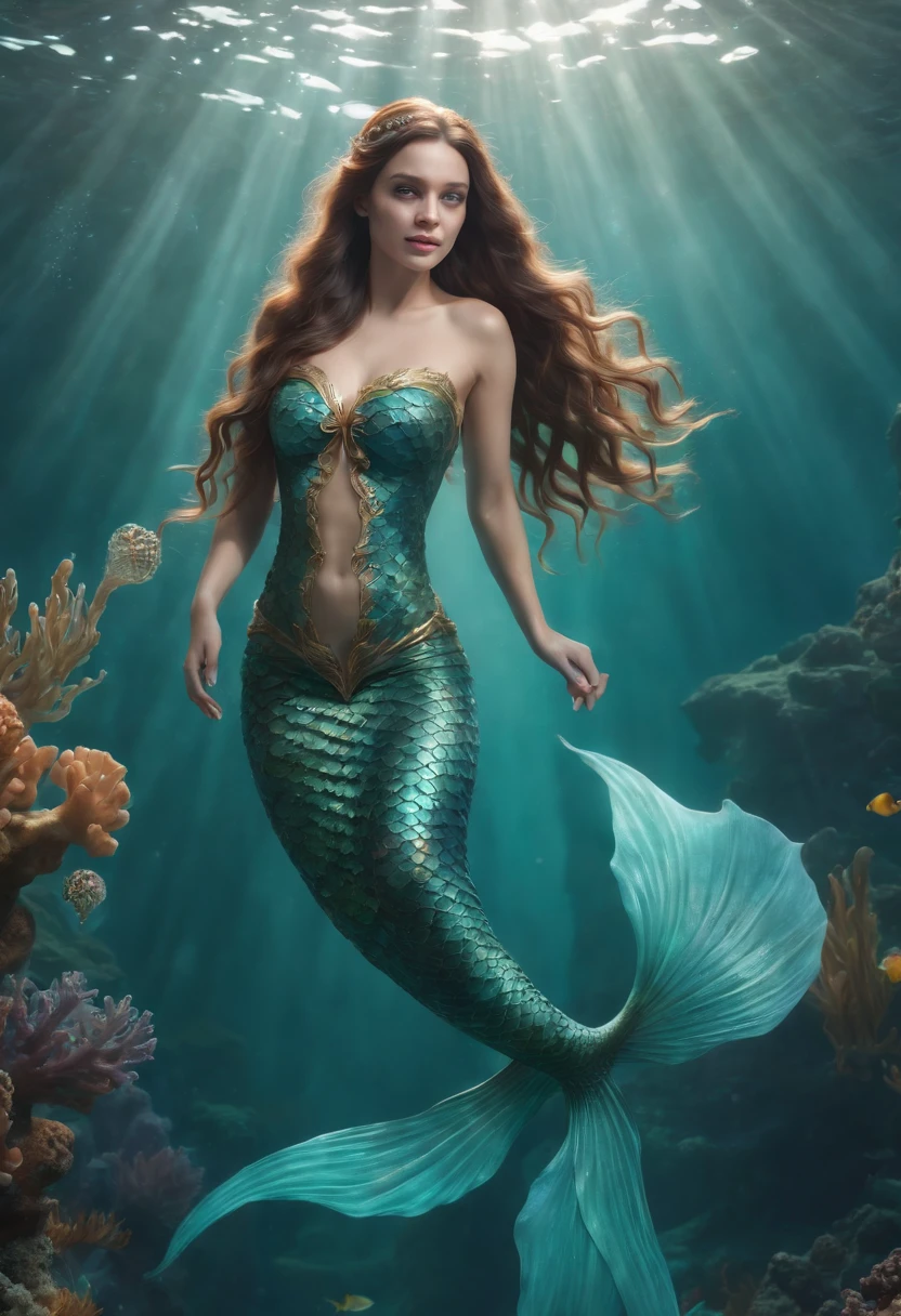 create an ultra realistic full body redhead mermaid with long wavy hair, body with pronounced curves, little clothing, cracked belly, bountiful breasts, wide hips and very thin waist, tail in shades of green on the bottom of the clear sea with a cave without fish